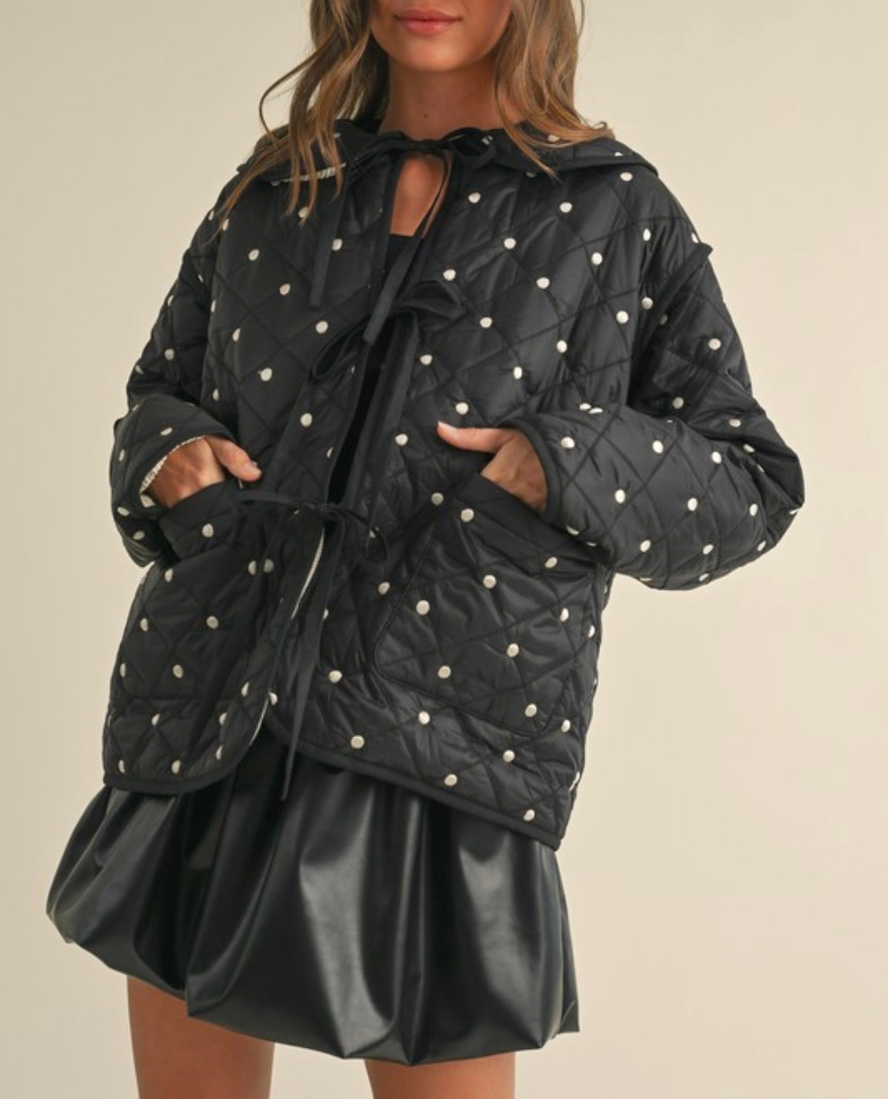 Polkadot Embroidered Quilted Jacket for Women - Stylish Black Winter Coat with Padded Insulation | Perfect for Casual Outings, Office Wear & Outdoor Activities