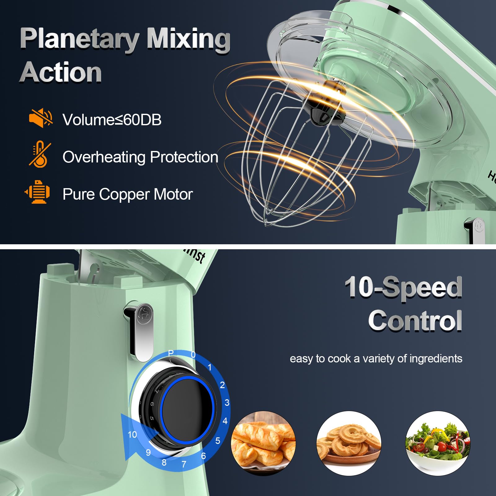 6.5QT 10-Speed Tilt-Head Electric Stand Mixer with Bowl, Dough Hook, Whisk & Beater - Professional Kitchen Mixer for Baking Cakes, Cookies & Bread - Perfect for Home Bakers & Cooking Enthusiasts (Light Green)