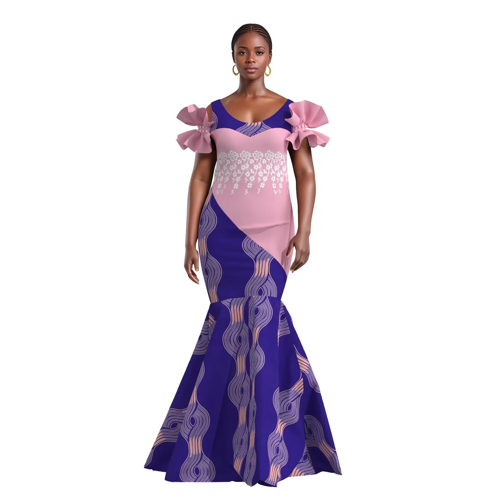 Elegant Ankara Maxi Mermaid Dress for Women - African Print Lace Decorated Gowns for Parties, Weddings & Special Occasions