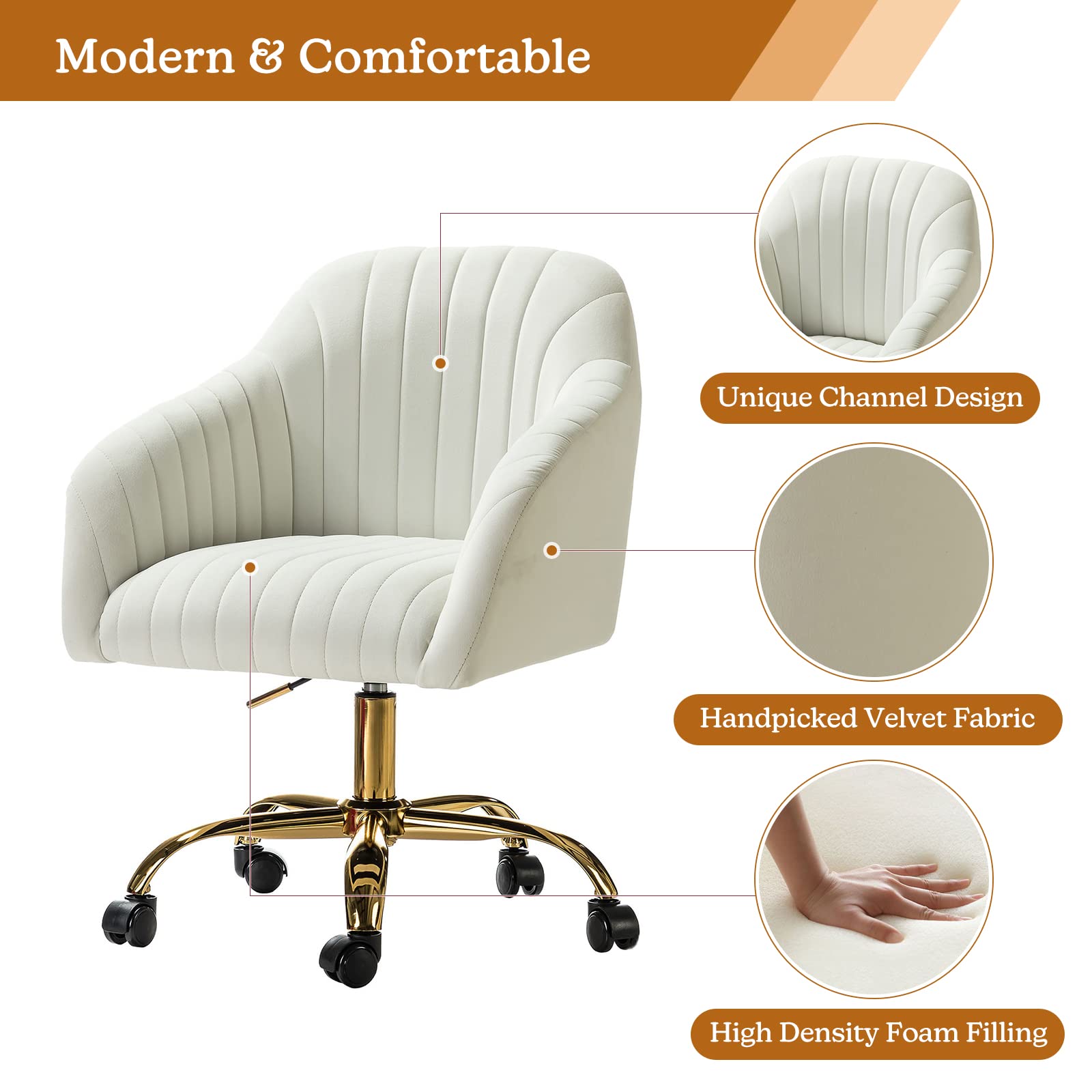 HULALA HOME Velvet Office Chair - Modern Adjustable Swivel Desk Chair with Wheels, Ergonomic Computer Task Chair for Women & Girls, Gold Base & Ivory Upholstery - Perfect for Home Office, Gaming & Study