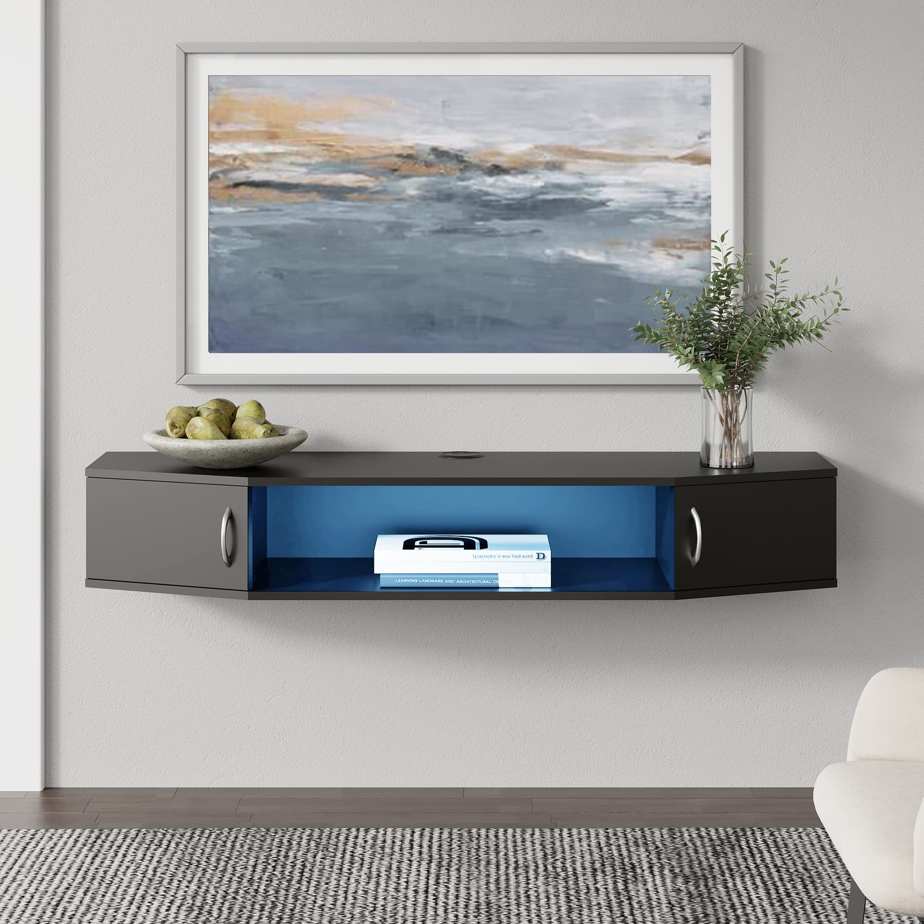 FITUEYES Floating TV Stand with LED Lights - Wall Mounted Wood Media Console, Under TV Entertainment Center, Storage Cabinet Hutch Desk for Living Room & Office - Black Single Layer (Perfect for Modern Home & Workspace Setup)