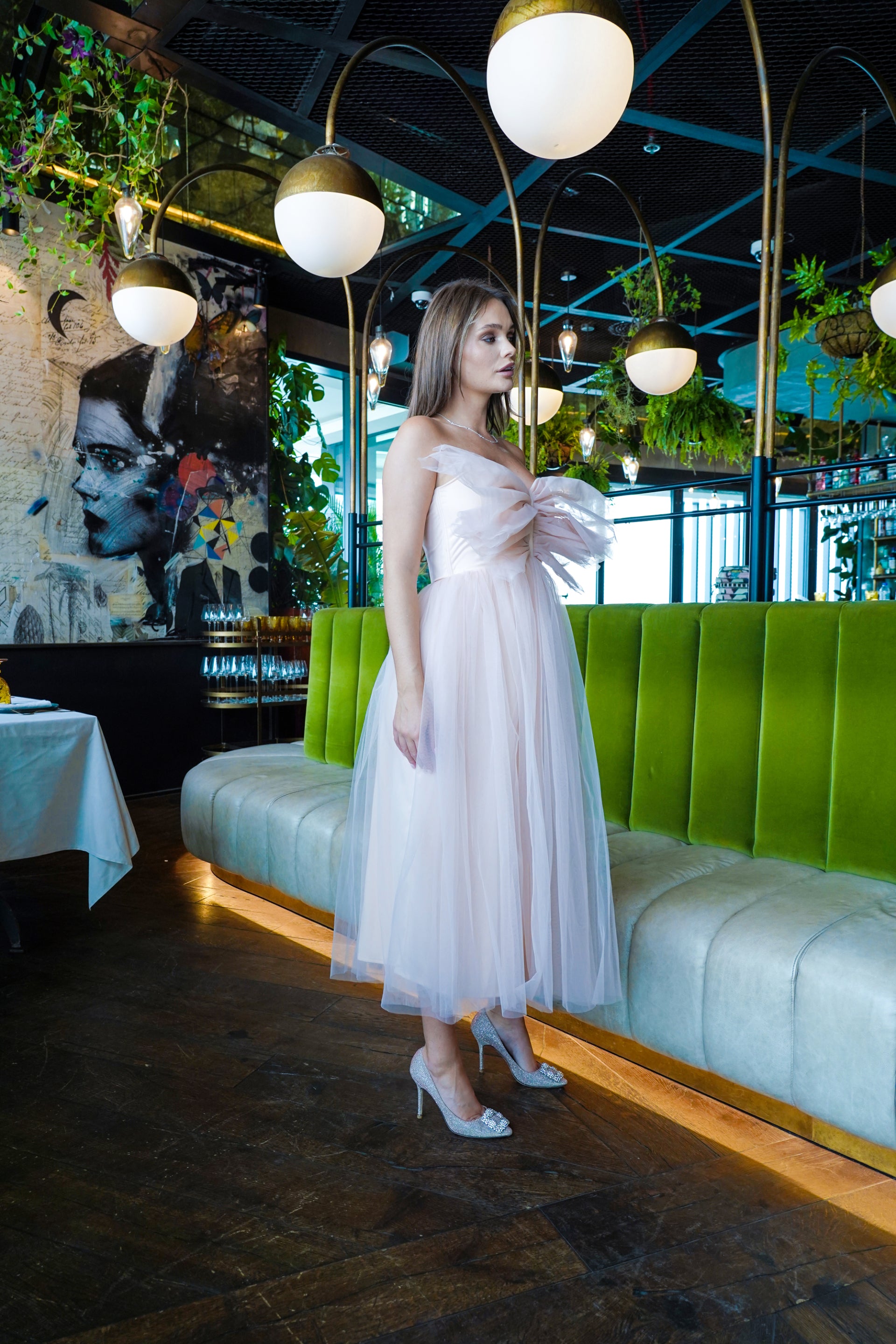 Elegant Butterfly Nude Tulle Midi Dress for Women - Perfect for Weddings, Parties & Special Occasions