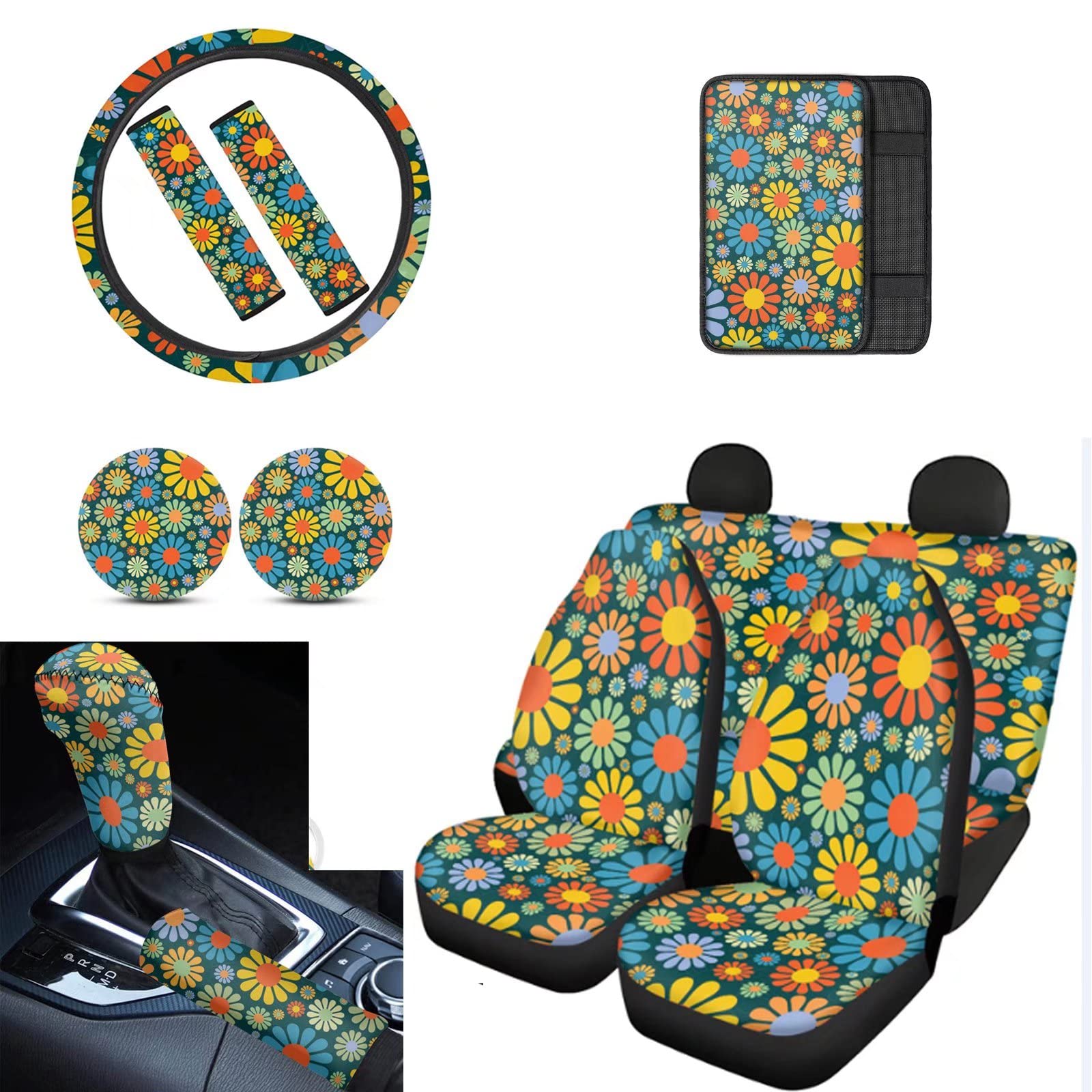 POLERO Colorful Daisy Seat Cover for Women - Cute Floral Gear Shift Knob & Handbrake Cover Set (12pcs) | Car Accessories for Spring & Summer Driving | Perfect for Road Trips & Daily Commutes