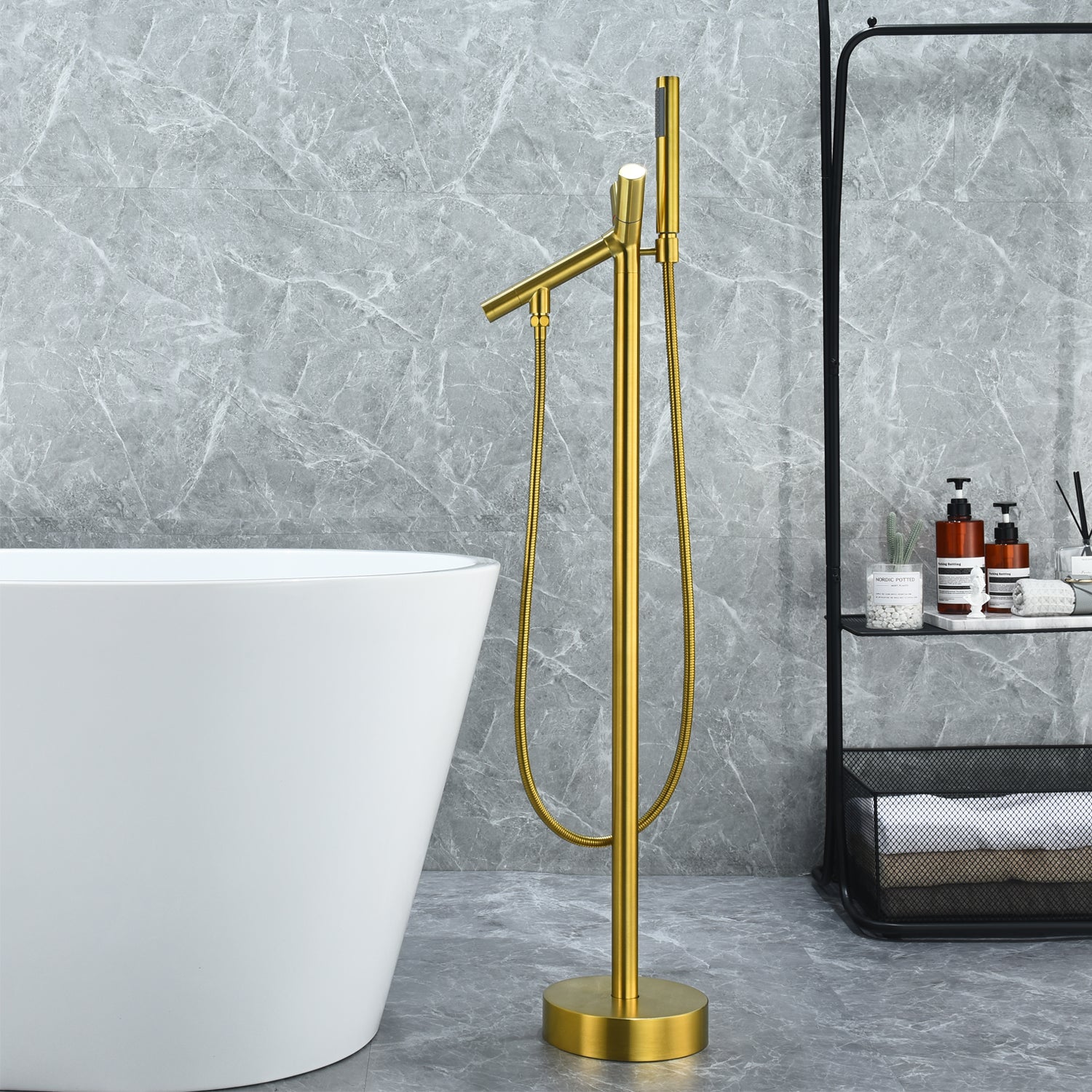 Brulon Double Knob Freestanding Floor Mounted Bathtub Faucet with Hand Shower - Luxury Tub Filler for Modern Bathrooms & Spa-Like Experience
