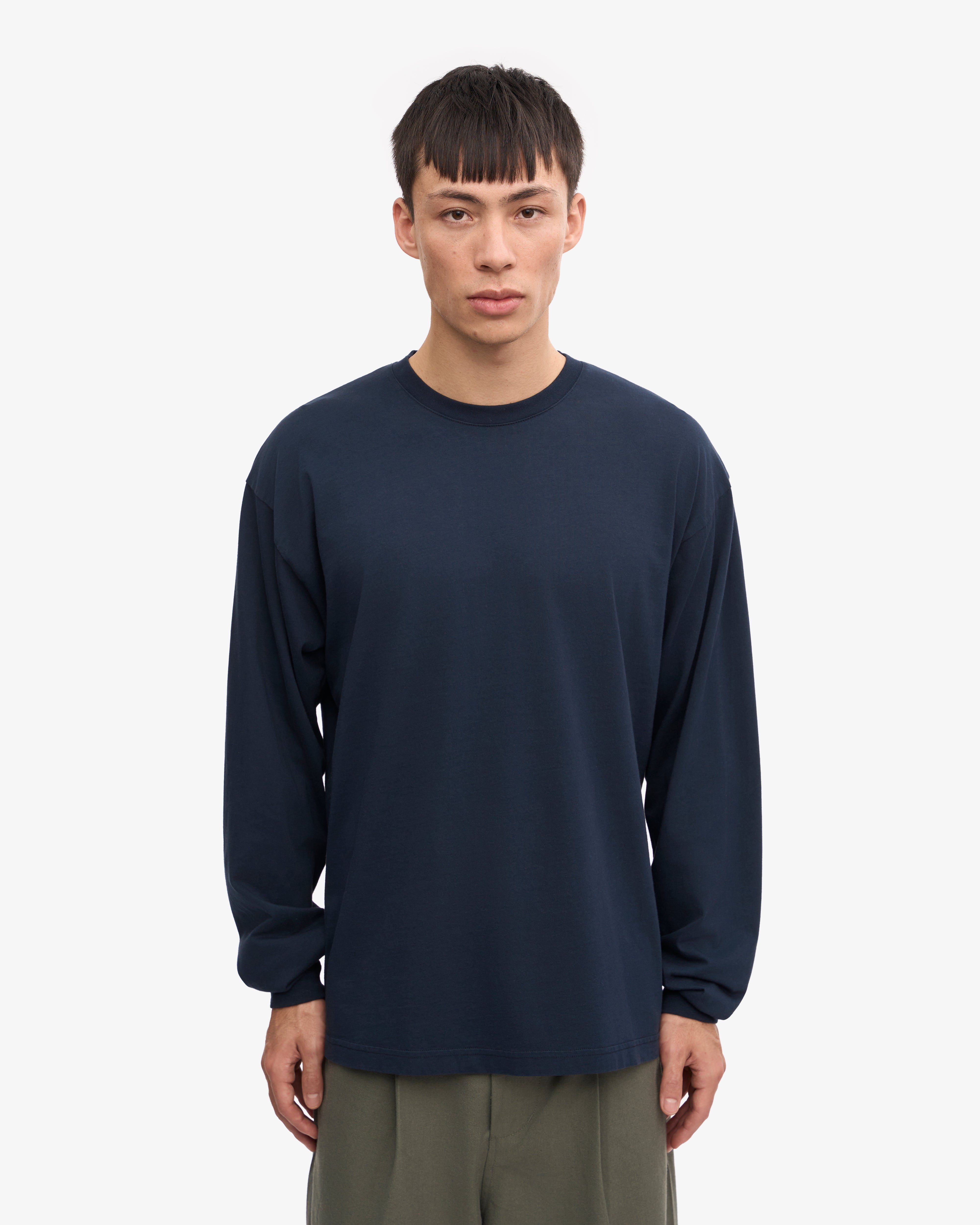 Oversized Organic Long Sleeve T-Shirt for Women - Soft Cotton Crewneck Top in Navy Blue - Perfect for Casual Wear, Layering & Everyday Comfort