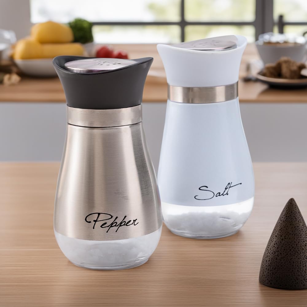Premium Glass Salt and Pepper Shakers Set - Moisture-Proof Kitchen Seasoning Dispenser with Perfect Pour Holes - Ideal for Home, Restaurant & Dining Table Use (1-Pack)