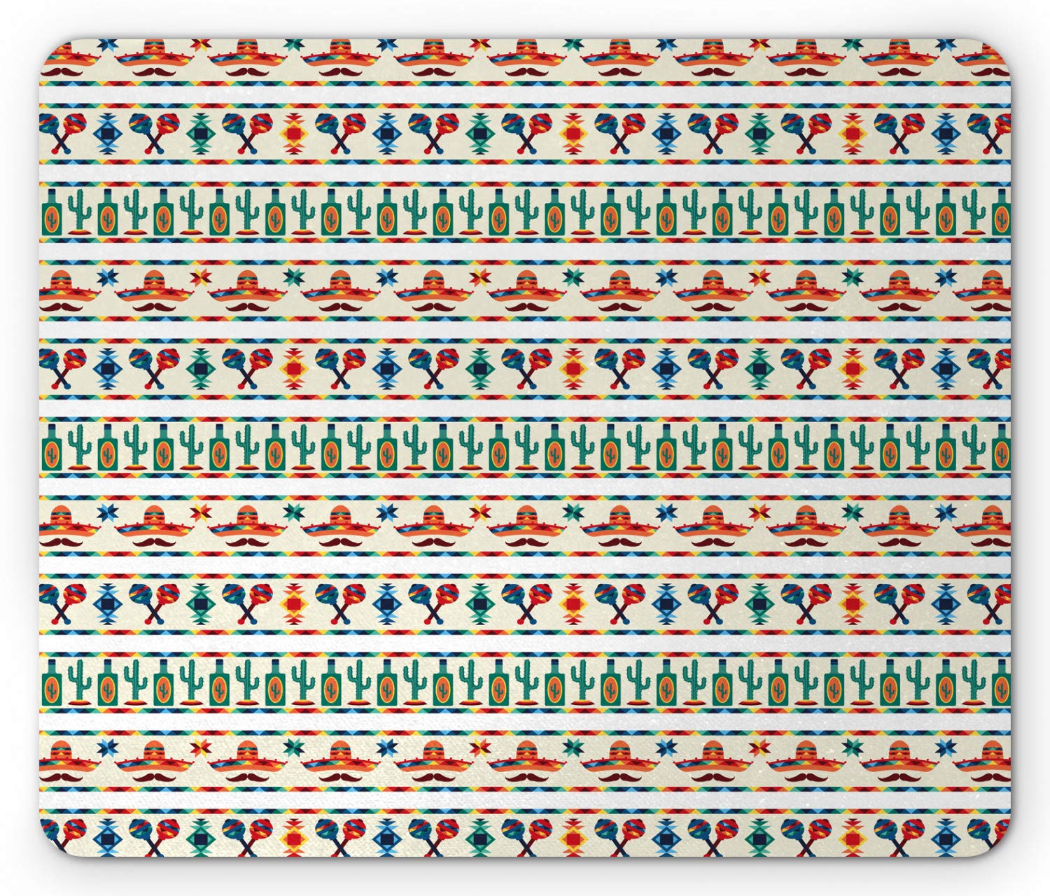 Ambesonne Mexican Mouse Pad - Latin American Cultural Design with Native Borders, Saguaro, Sombrero & Tequila Bottle - Non-Slip Rubber Base - Standard Size Rectangle Mousepad - Perfect for Office, Gaming & Home Computer Use