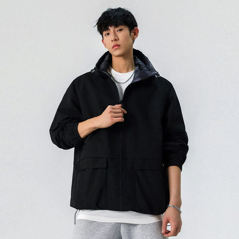 Men's Reversible Hooded Jacket - American Style Streetwear Coat with Drawstring, Solid Color Spring Outerwear for Casual Wear | Perfect for Urban Outings & Outdoor Activities