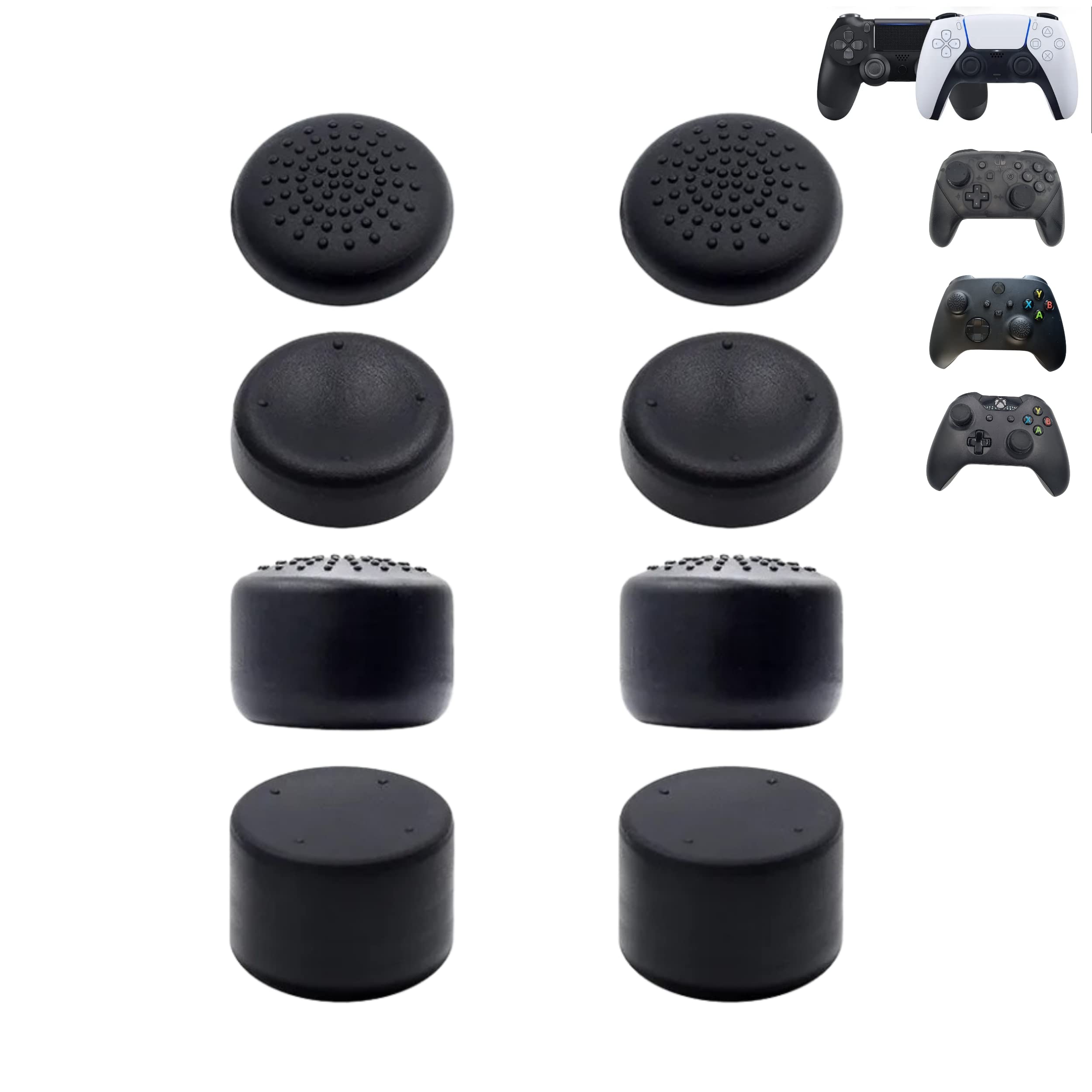 8-Pack Black Thumb Grip Caps for PS5, PS4, PS3, Xbox One, Xbox Series X/S & Nintendo Switch Pro Controllers - Silicone Joystick Covers (4 Pairs, 2 Height Options) - Improve Gaming Comfort & Grip for Long Sessions