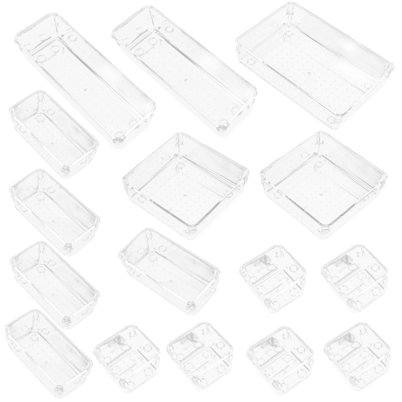 16-Piece Clear Plastic Drawer Organizer Set for Makeup, Vanity, Kitchen & Bathroom - Stackable Storage Trays for Cosmetics, Jewelry, Office Supplies & Small Items - Perfect for Dressers, Desks & Countertops