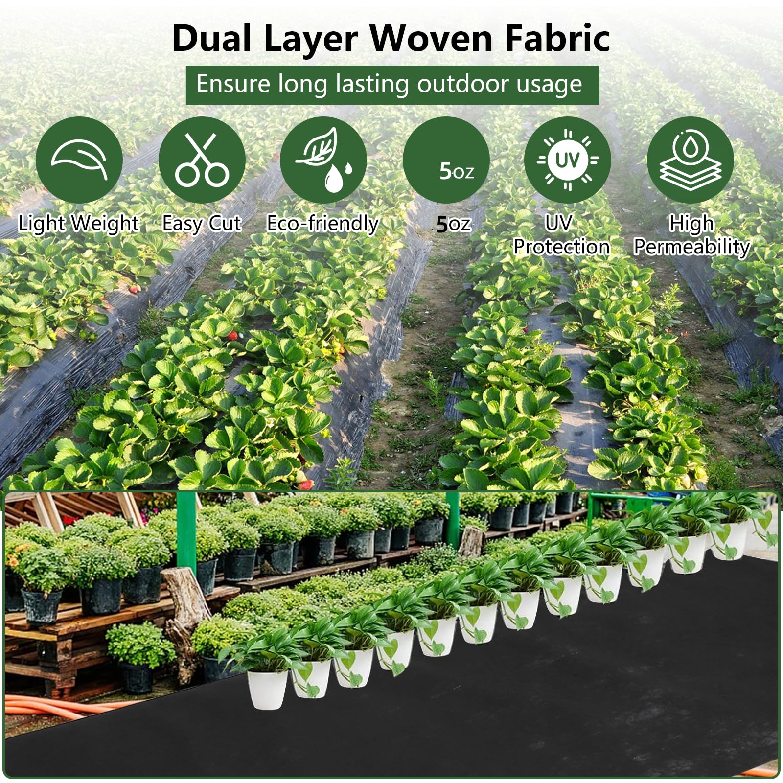 Broadfashion 5oz Woven Landscape Fabric - 5 x 300FT Double Layer Weed Barrier for Gardens | Heavy Duty Weed Control Ground Cover | Durable Gardening Mat for Beds, Landscaping & Outdoor Projects