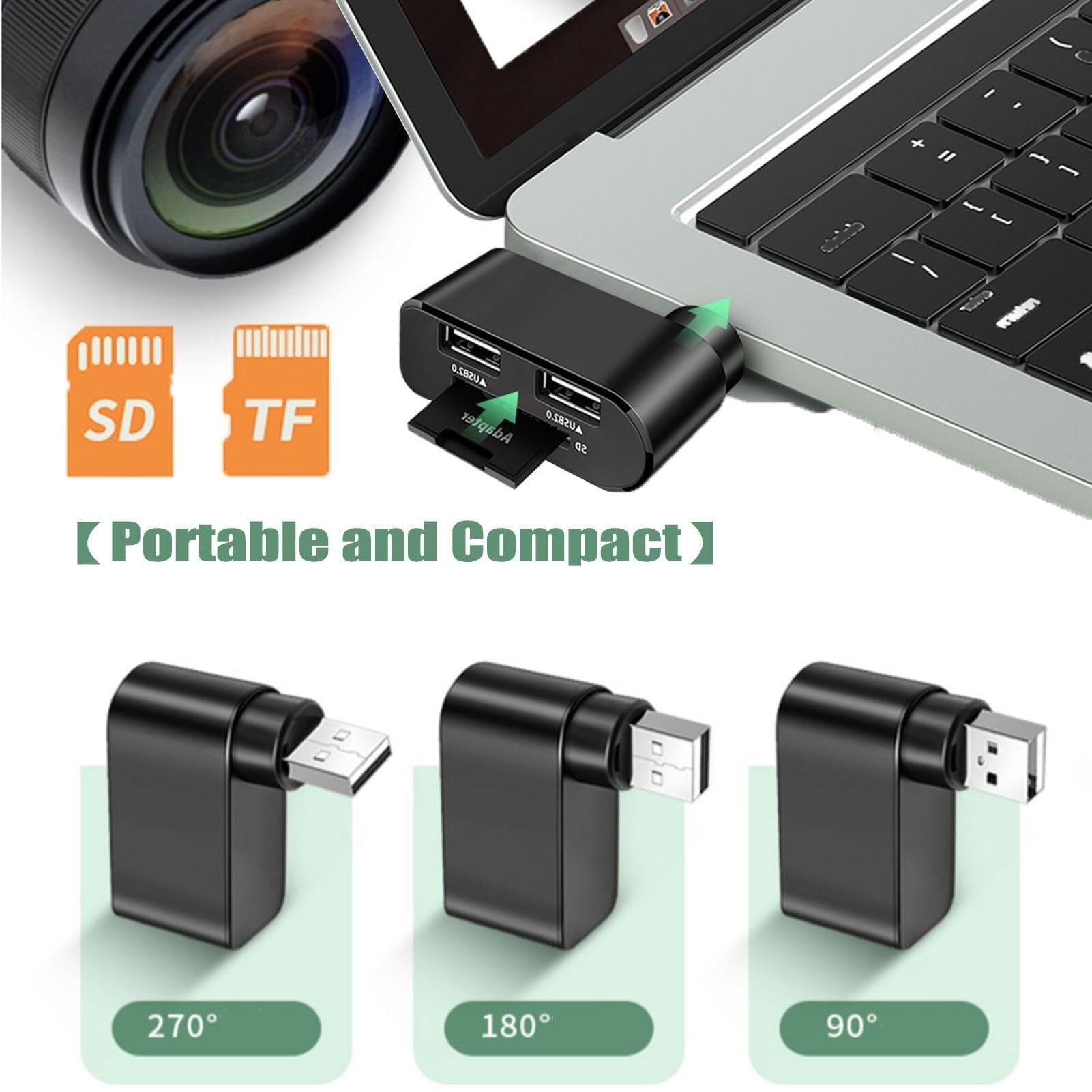 4-in-1 Rotatable USB C Hub with HDMI Adapter - 180° Swivel USB 2.0 Ports, TF/SD Card Reader - Compatible with MacBook, Laptops & External HDD | Perfect for Home Office, Travel & Multi-Device Connectivity (Black)