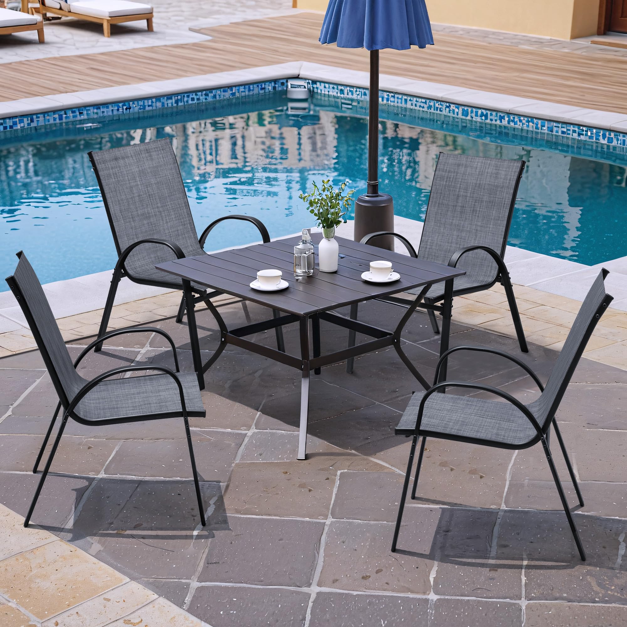 **Flamaker 4-Piece Stackable Patio Dining Chairs Set - Metal & Teslin Outdoor Chairs for Lawn, Deck, Balcony, Porch (Grey) - Perfect for Backyard BBQs, Poolside Relaxation & Garden Gatherings**