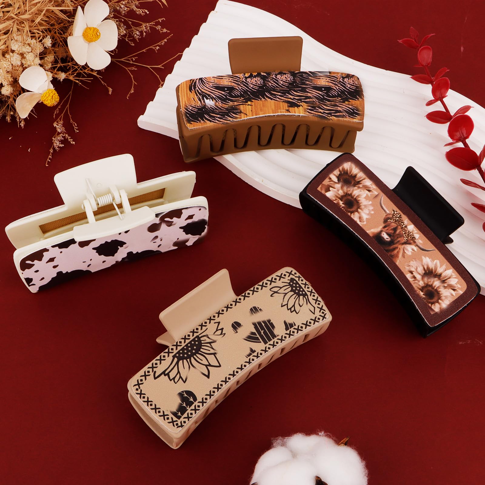 Western Hair Clips for Women - 4pcs Large Leather Cowgirl Hair Claws | Country Style Hair Accessories for Women & Girls | Perfect for Rodeo, Concerts & Western-Themed Events