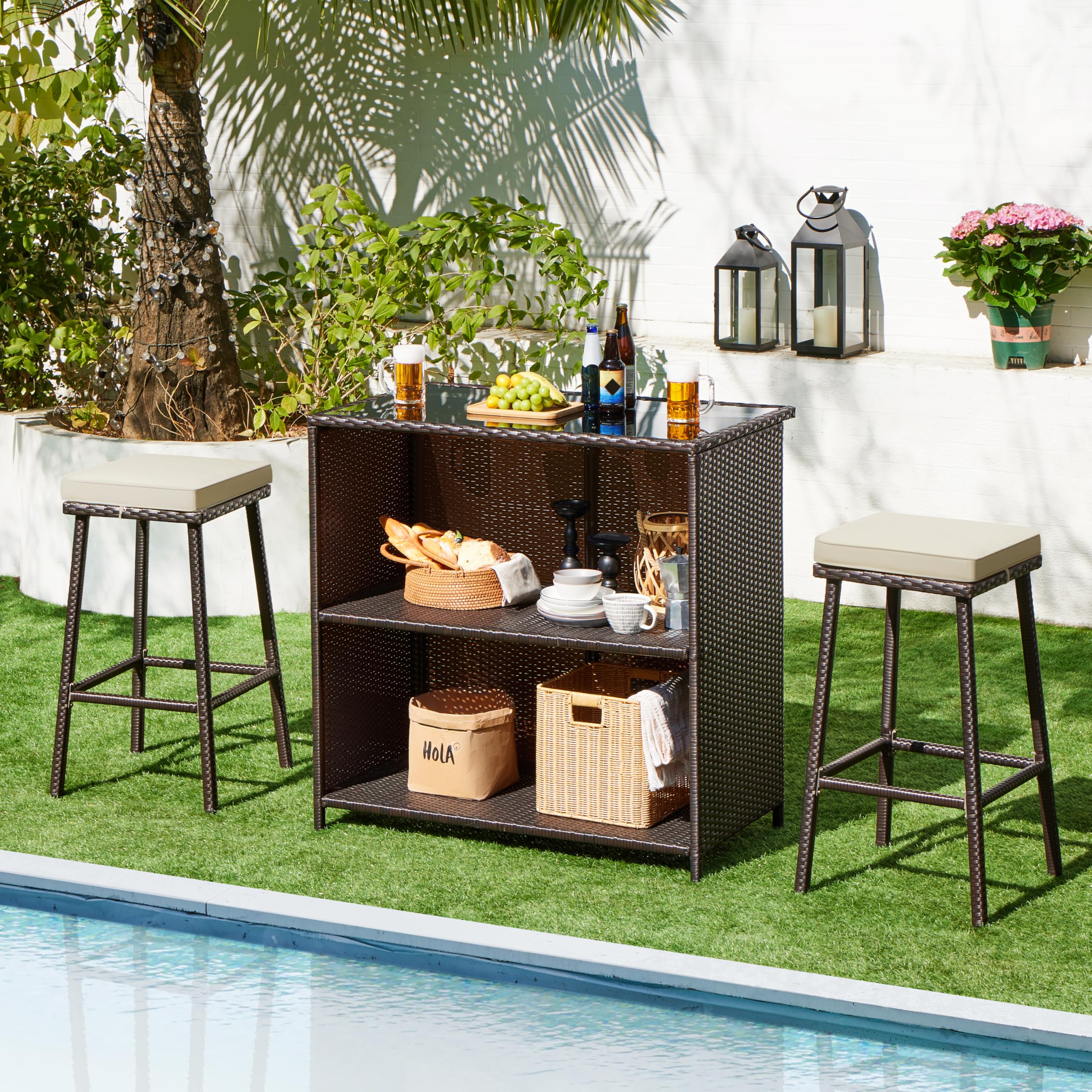 Yaheetech 3-Piece Outdoor Bar Set with 2 Stools - Wicker Patio Furniture with Glass Top Table, Storage Shelves & Cushions - Brown/Khaki - Perfect for Backyard, Garden, Poolside & Outdoor Entertaining