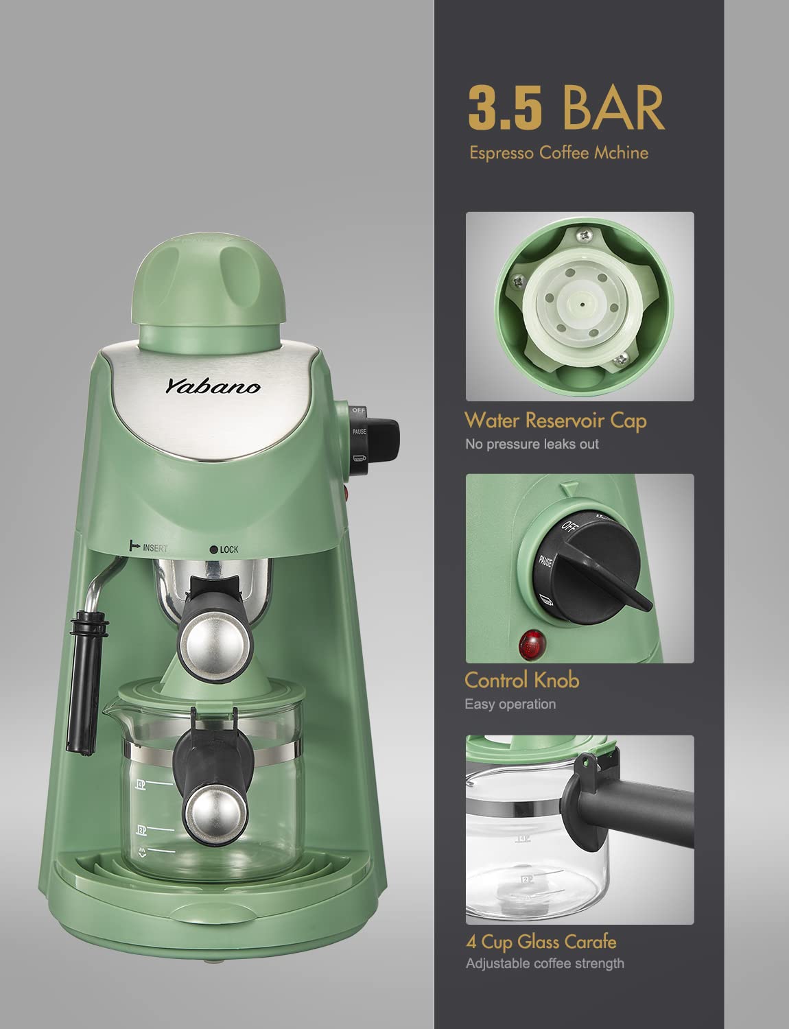 Yabano 3.5Bar Espresso Coffee Maker with Milk Frother & Steamer - Compact Espresso and Cappuccino Machine for Home & Office (Green) | Perfect for Morning Brews, Afternoon Pick-Me-Ups & Entertaining Guests