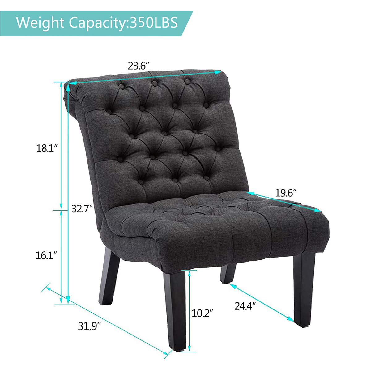 Modern Accent Chair for Living Room & Bedroom - Upholstered Tufted Armless Lounge Chair with Wooden Legs, Grey Fabric Recliner - Perfect for Reading Nook, Home Office, and Small Space Decor