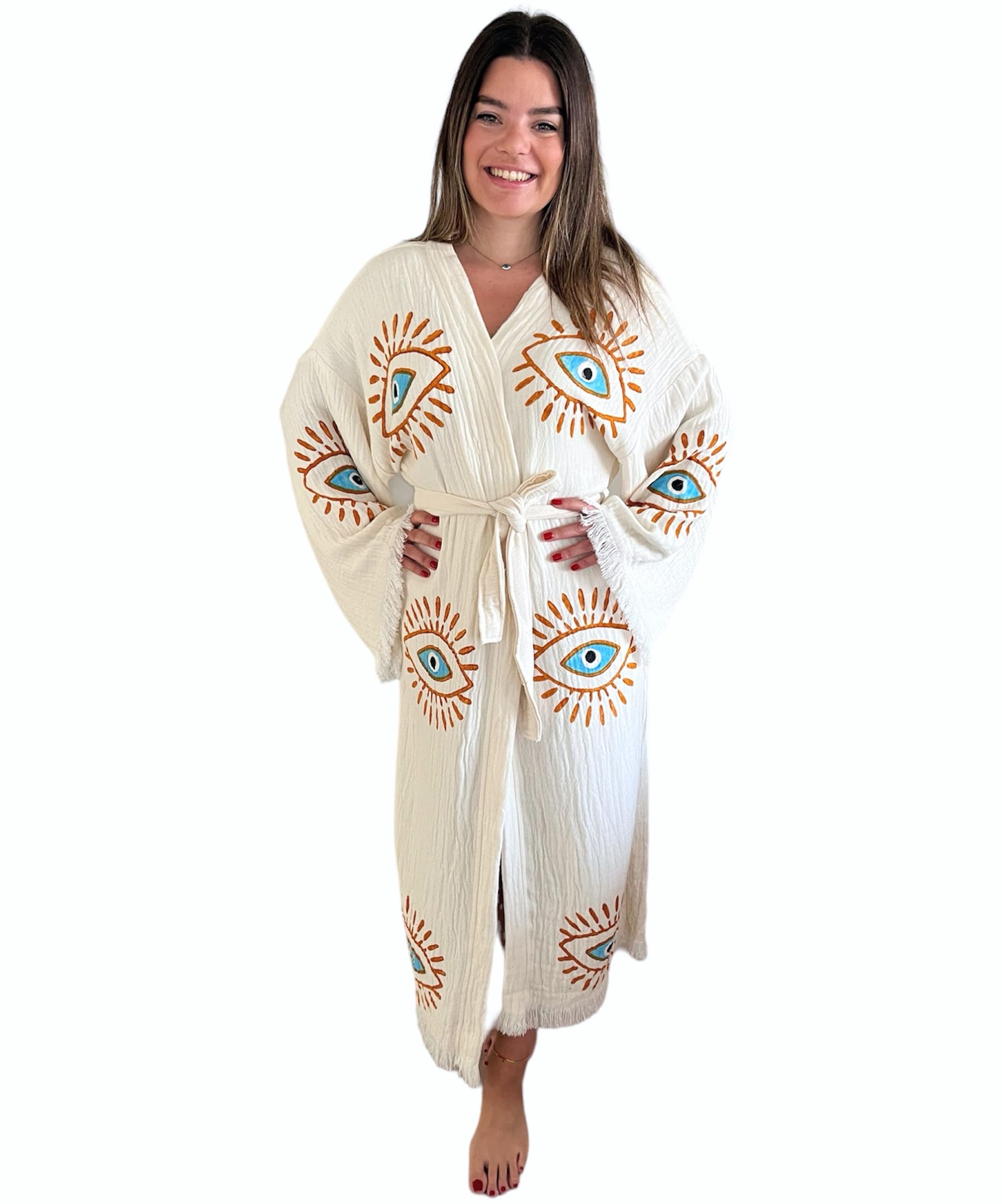 Handmade Evil Eye Kimono for Women - Bohemian Beach Cover Up, Festival Robe & Cotton Cardigan - Lightweight Dressing Gown for Summer, Yoga, Poolside & Vacation Wear