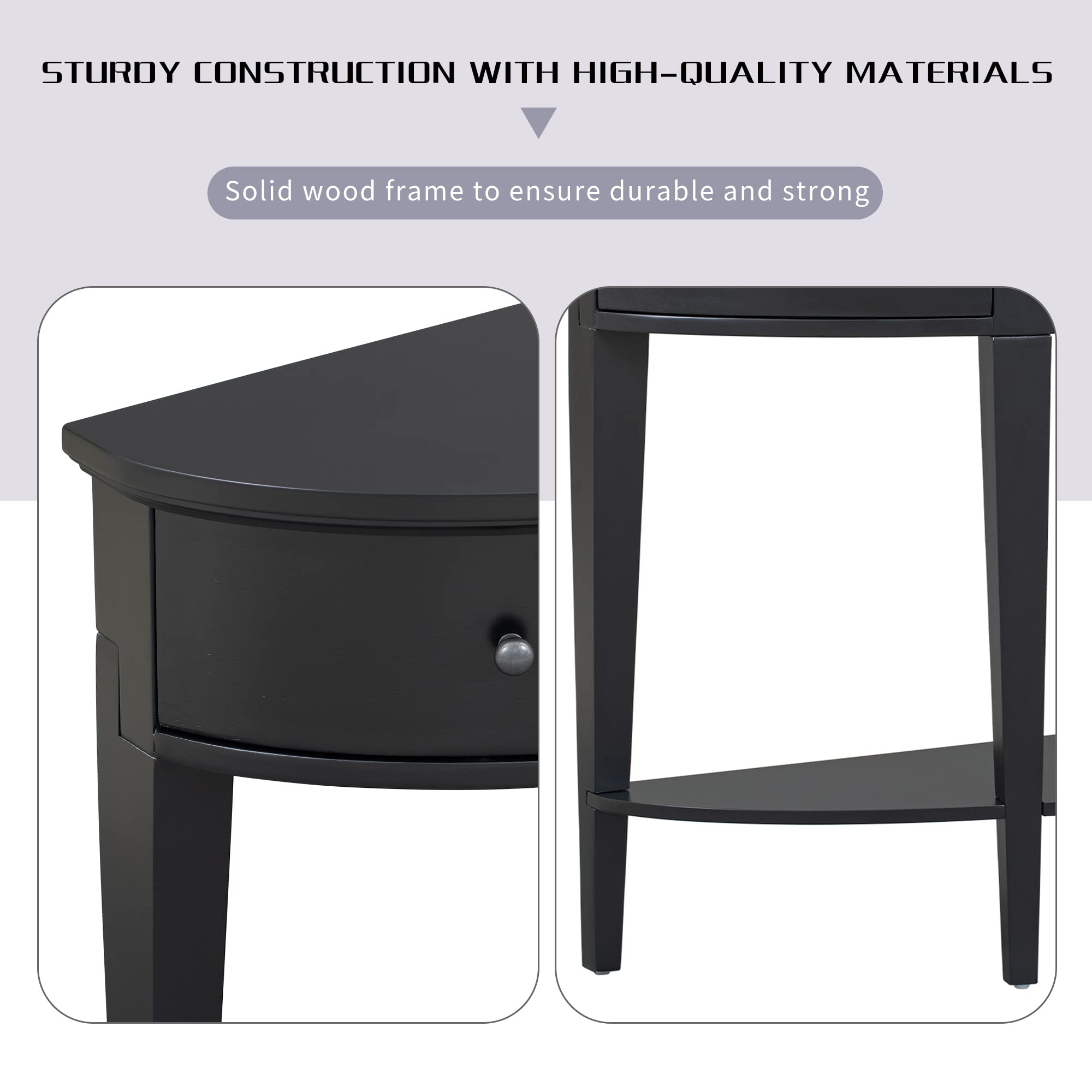 Modern Curved Console Table with Drawer - Solid Wood Entryway Table with Open Shelf for Hallway, Living Room & Foyer - Stylish Black Sofa Table for Home Decor & Small Space Organization
