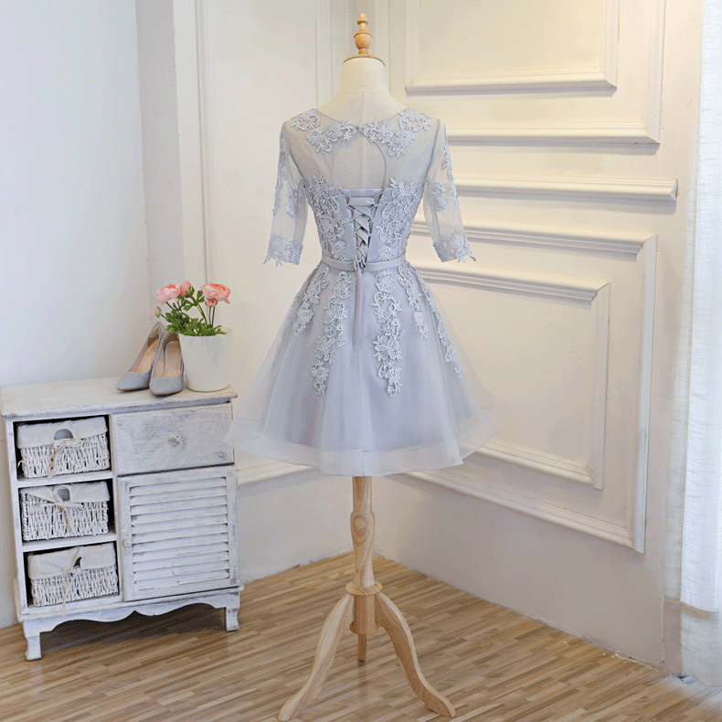 Elegant Long Sleeve Grey Lace Homecoming Dress - Affordable Short Prom Gown for Women | Perfect for School Dances, Parties & Special Occasions