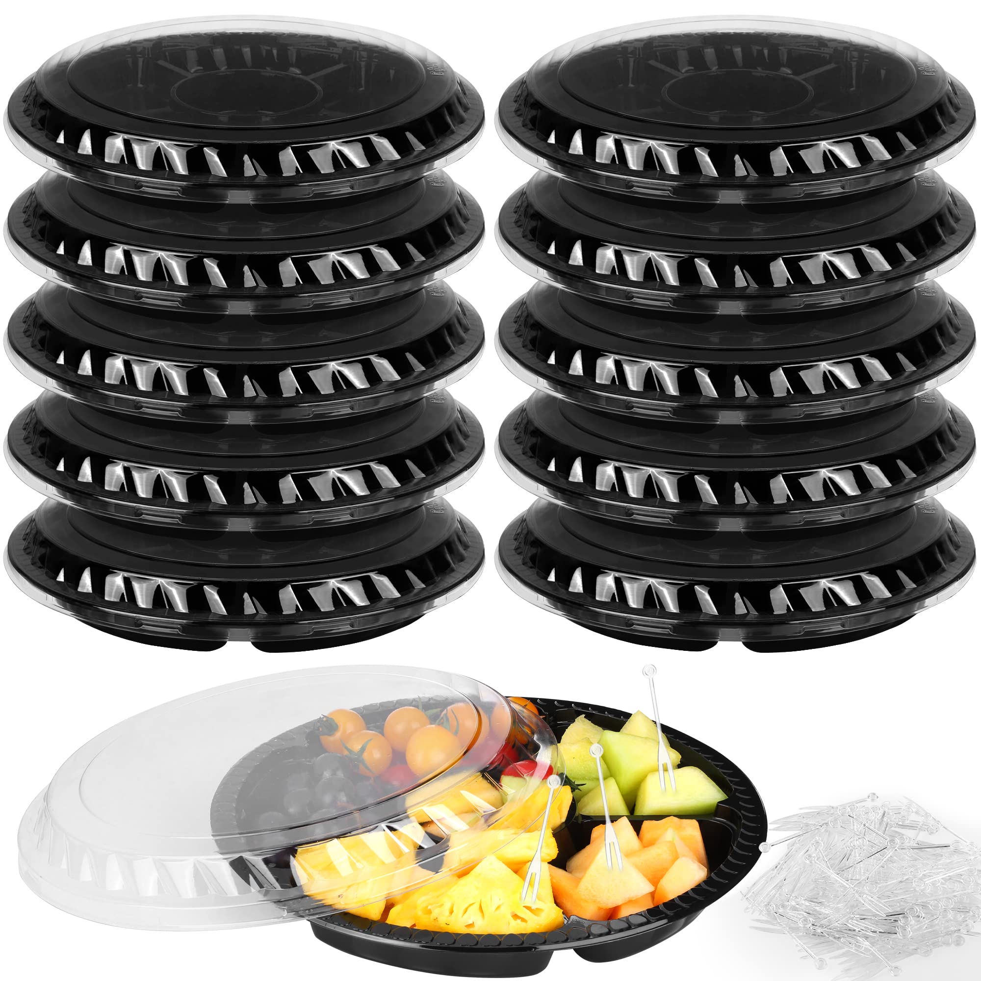 Ruisita 12-Pack 10-Inch Clear Round Plastic Serving Trays with Lids - 6-Compartment Appetizer & Snack Tray for Parties, Picnics, and Entertaining - Perfect for Veggies, Fruits, and Finger Foods (Black)