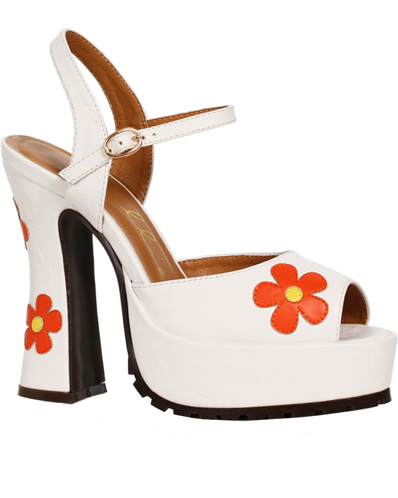 70s Retro White Daisy Chunky Heel Sandals with Ankle Strap - Premium Women's Platform Shoes for Summer, Boho Outfits & Music Festivals