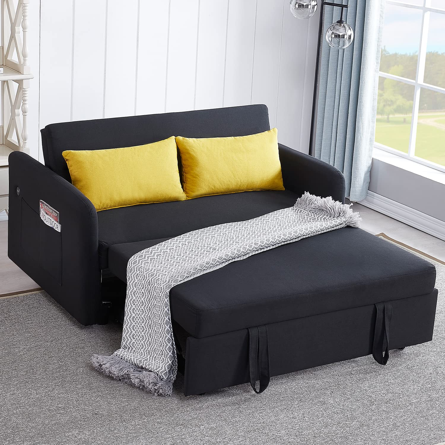 Kevinplus Convertible Sofa Bed with USB Charging Port - Pull-Out Twin Sleeper Sofa & Lounge Chaise with Side Pocket - Space-Saving Multi-Functional Furniture for Small Apartments, Living Room & Guest Bedroom - Black