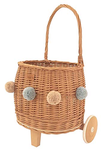 WIKLIBOX Handmade Rattan Pull Toy Basket - European Wicker Toy Storage Organizer with Pom Poms (Natural) - Perfect for Nursery, Playroom & Kids Bedroom Organization