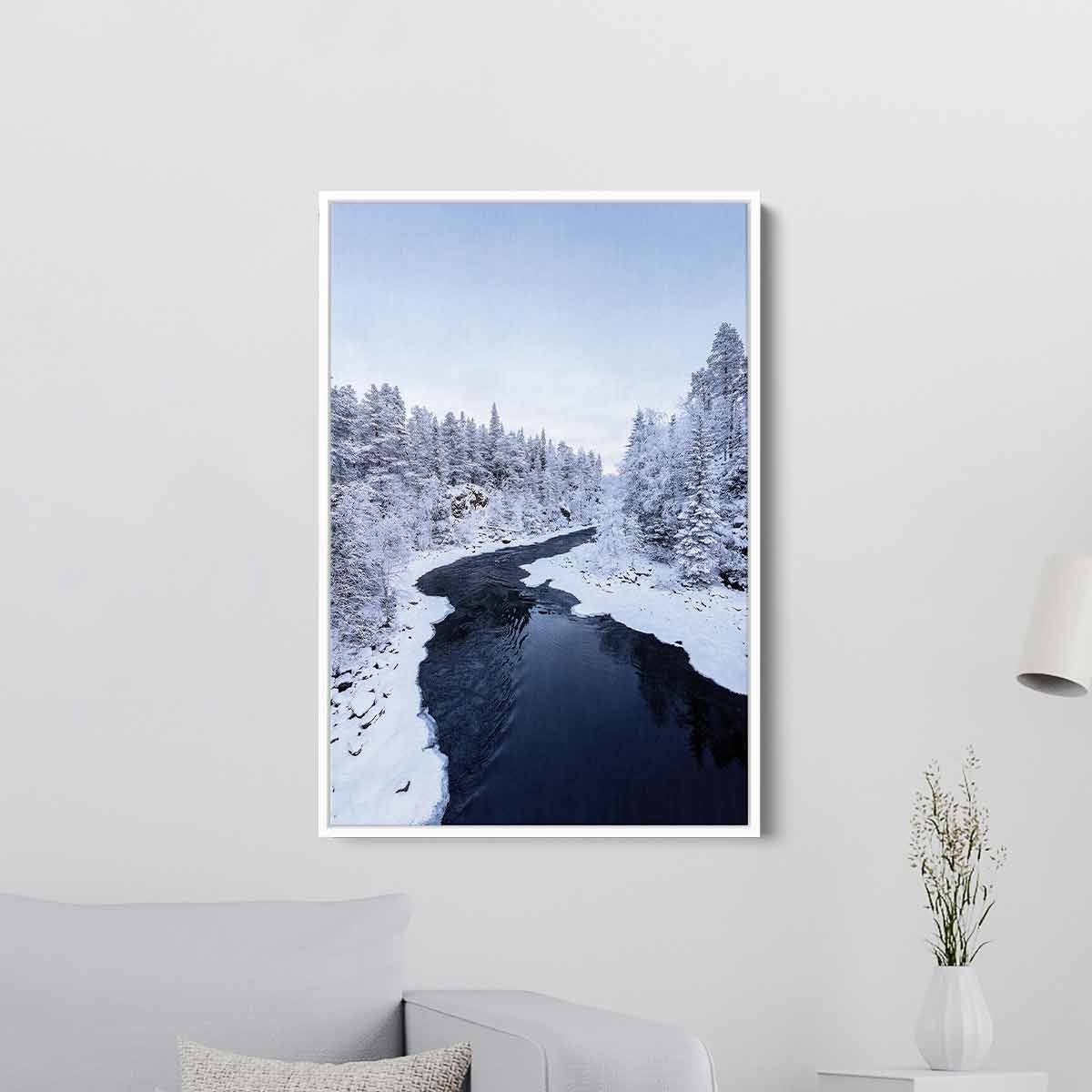 White Winter River Wall Art Canvas Print - 27x50 Inches - Modern Landscape Painting for Living Room, Bedroom & Office Decor
