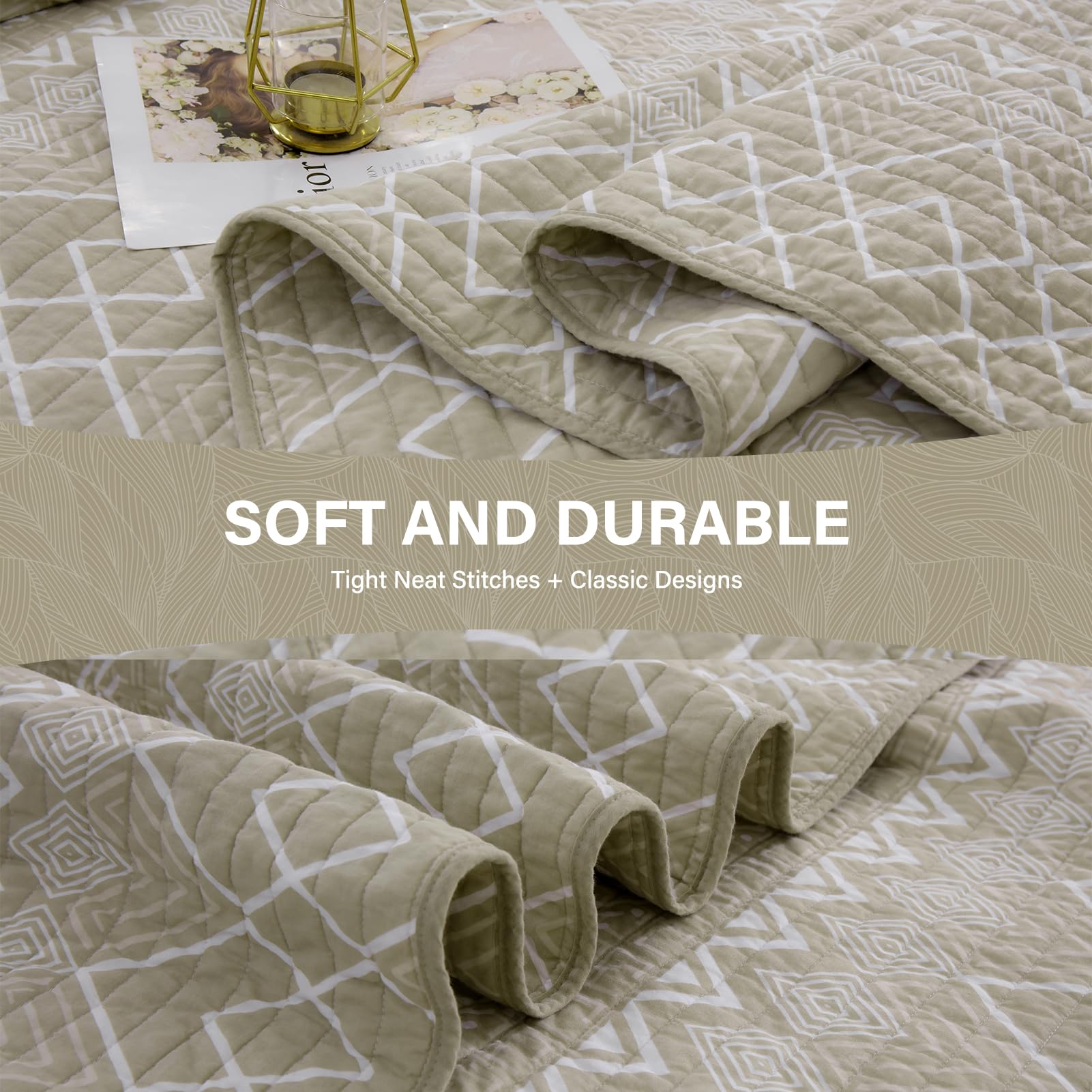 King Size Quilt Set - 100% Cotton Reversible Geometric Striped Comforter | Lightweight All-Season Bedspread for King Bed (Beige/White, 3-Piece) | Perfect for Master Bedroom, Guest Room & Cozy Home Decor