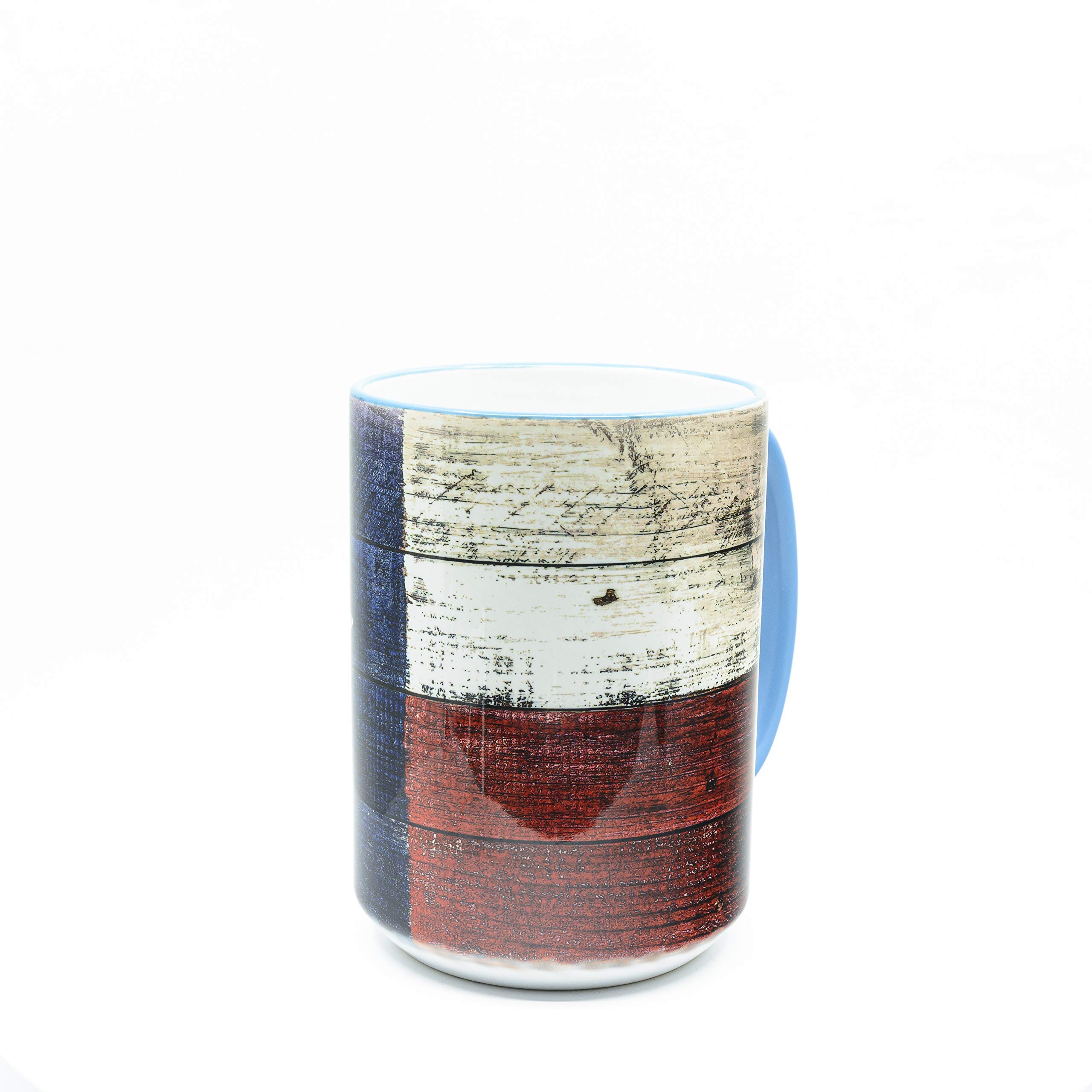 15 oz Texas Flag Ceramic Coffee Mug - Rustic Texas Sky Blue Rim Gift Mug for Home, Office & Travel | Perfect for Coffee, Tea & Hot Beverages