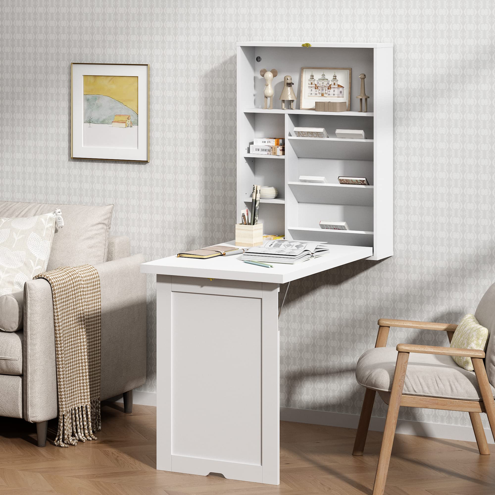 Space Saving Wall Mounted Fold Out Convertible Desk - White Floating Writing Desk with Storage Shelves | Home Office Laptop Workstation | Perfect for Small Spaces & Modern Workspaces
