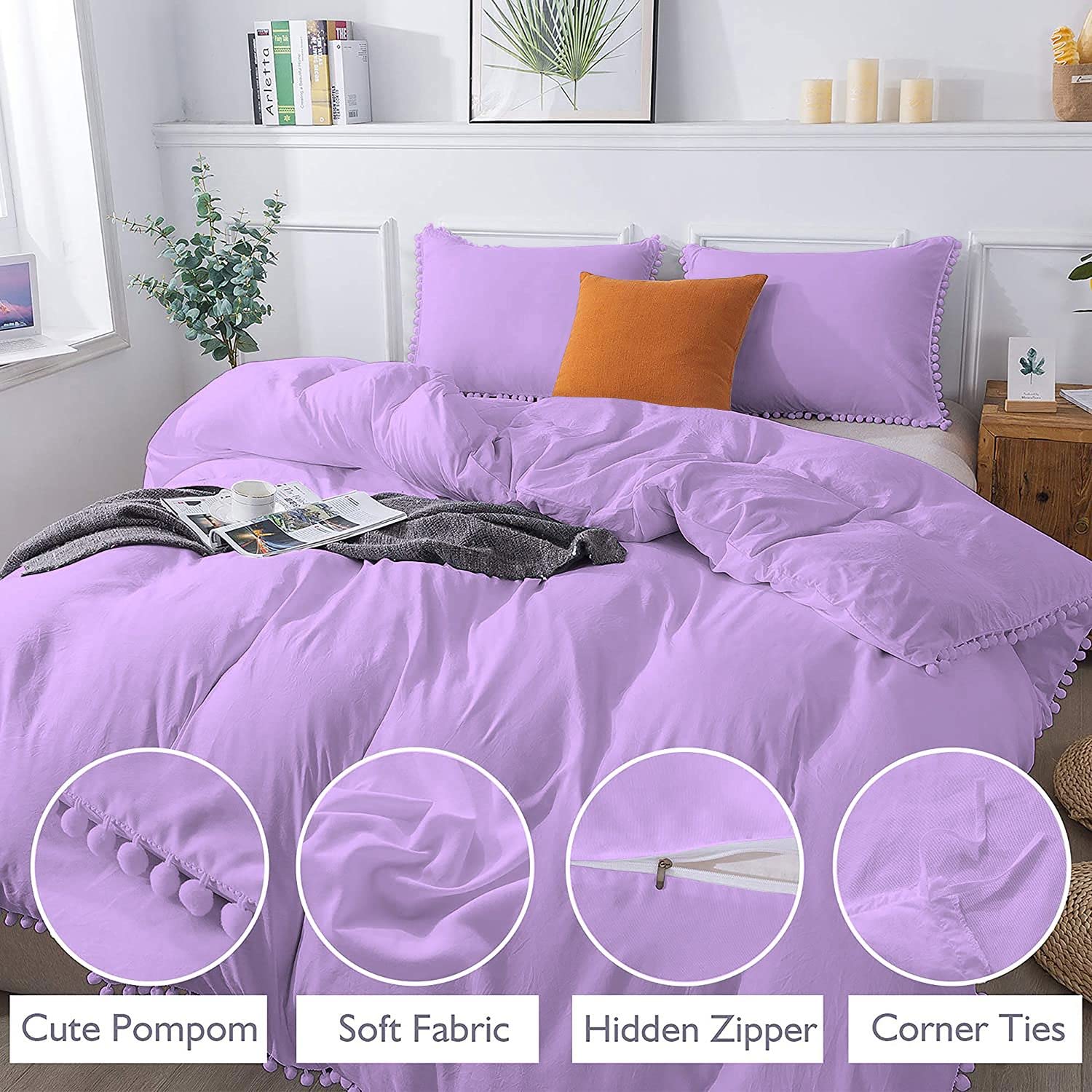 Modern Pom Fringe Duvet Cover Set - 3 Piece Bedding Set with Zipper Closure for Full/Queen Size Beds (Lilac) | Soft Down Comforter Cover for Cozy Bedrooms & Guest Rooms