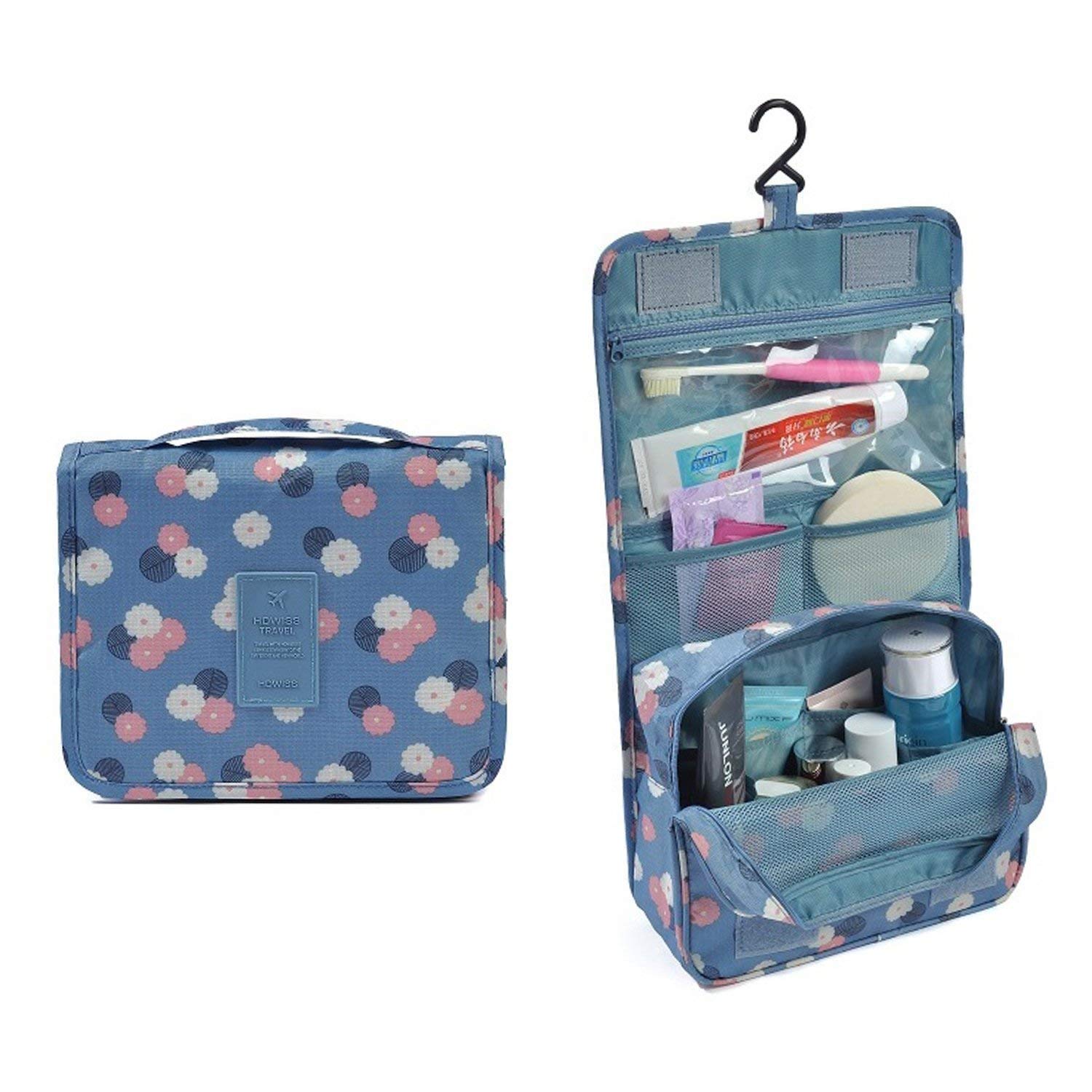 Zonoxo Hanging Cosmetic Bag for Women & Men - Portable Travel Makeup Organizer with Hook - Waterproof Toiletry Pouch for Gym, Vacation & Daily Use (Blue Floral Design, Pack of 1)