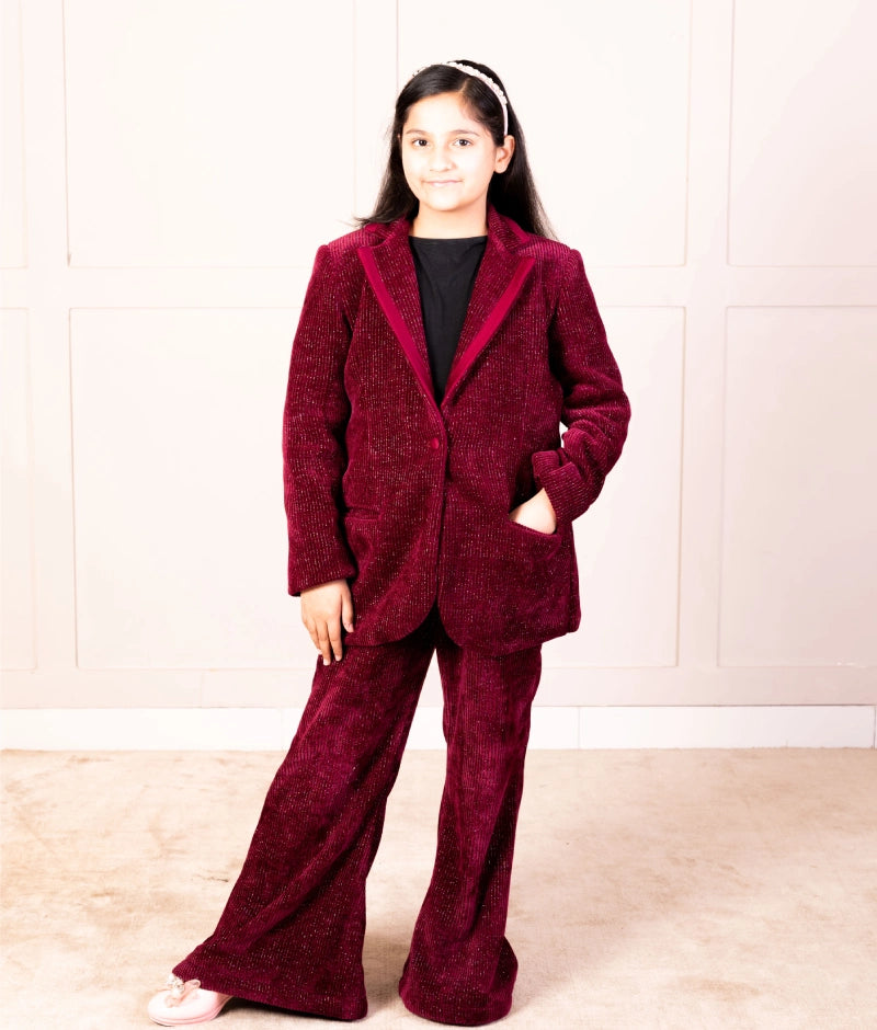 Pre Order: Maroon Corduroy Coat Set – Winter Classic Outfit for Women | Warm & Stylish Winter Jacket & Pants | Perfect for Holiday Parties & Cold Weather Fashion
