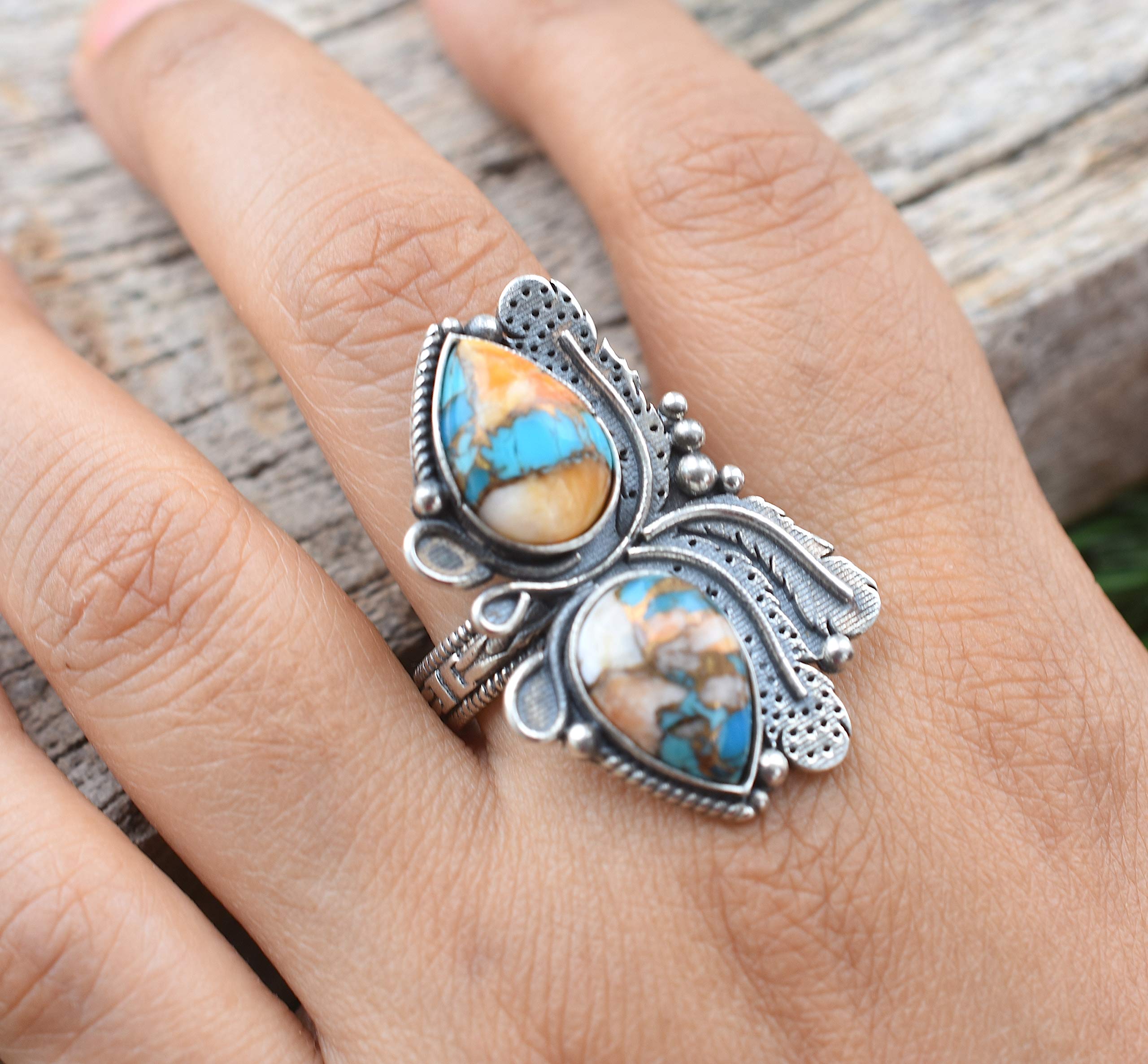 Vintage Handmade 925 Sterling Silver Oyster Copper Turquoise Ring - Boho Hippie Jewelry, Spiny Turquoise Birthstone Ring for Women - Perfect Birthday Gift, Wedding, Party & Everyday Wear - TQ-05