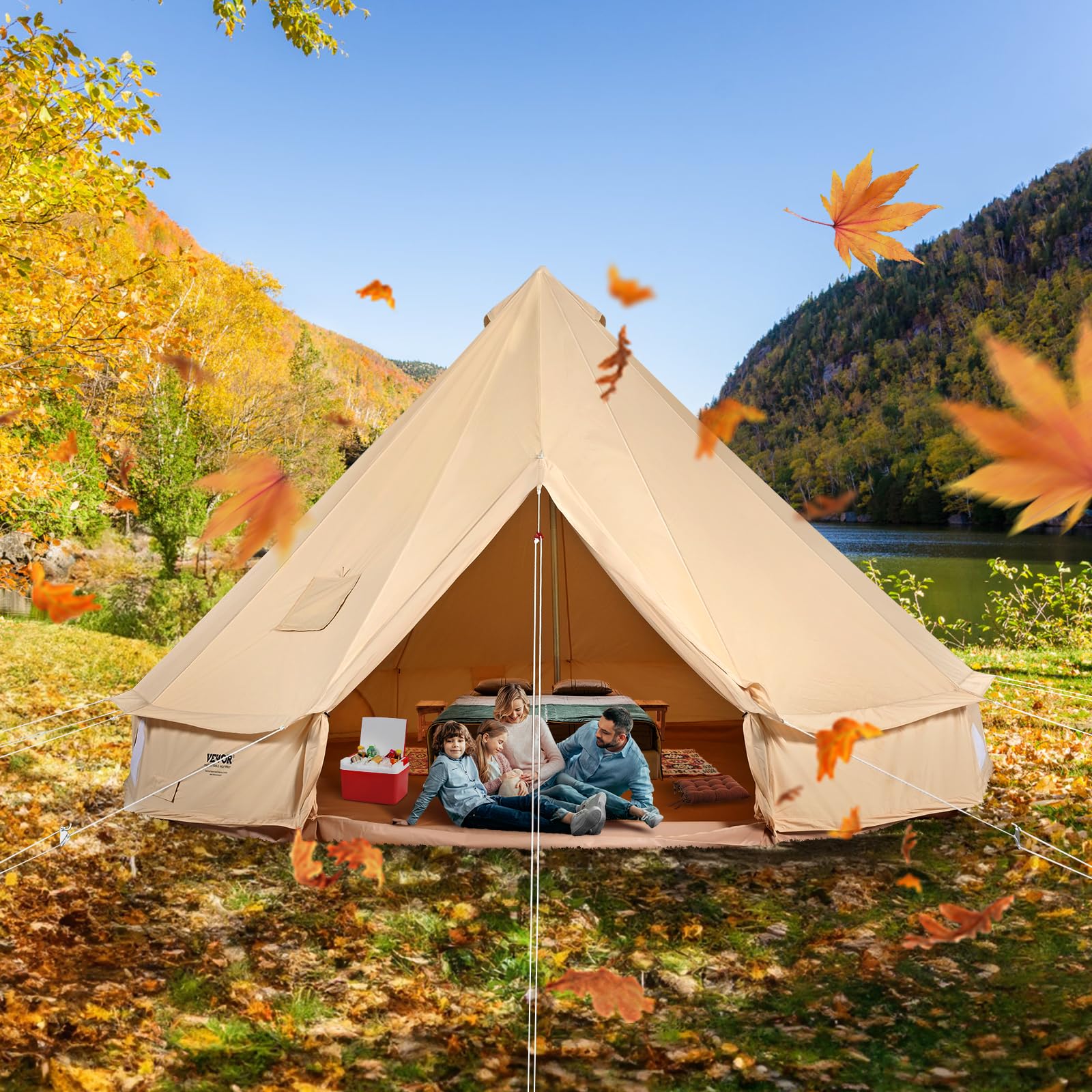 VEVOR 4-Season Canvas Bell Tent with Stove Jack - Breathable Yurt Tent for Camping, Hunting & Outdoor Adventures - Fits 4 People - Perfect for Family Camping, Backpacking & Glamping