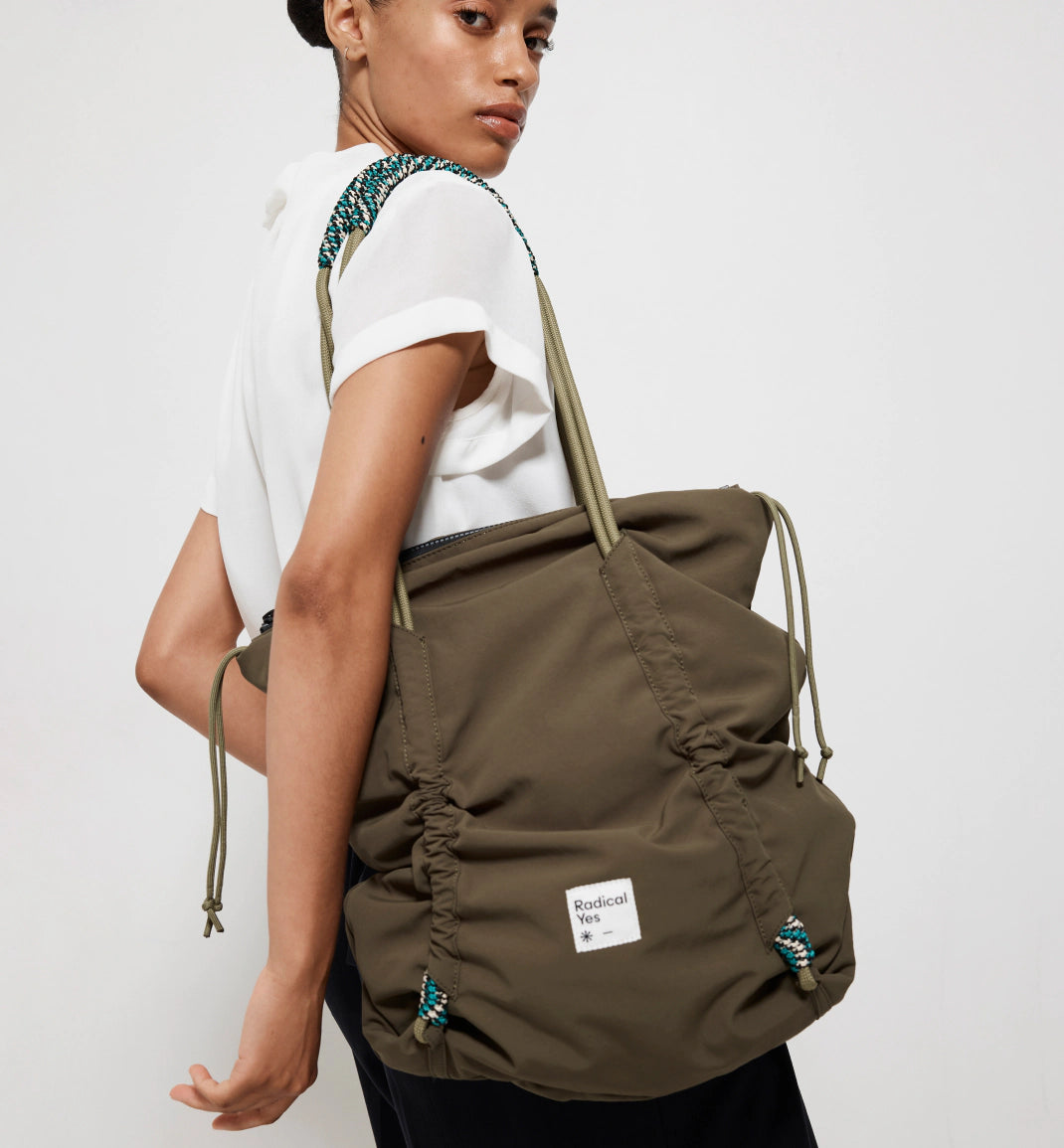 Eco-Friendly Reframe Ruched Recycled Nylon Tote Bag - Olive Green | Sustainable Fashion Accessory for Work, Travel & Shopping