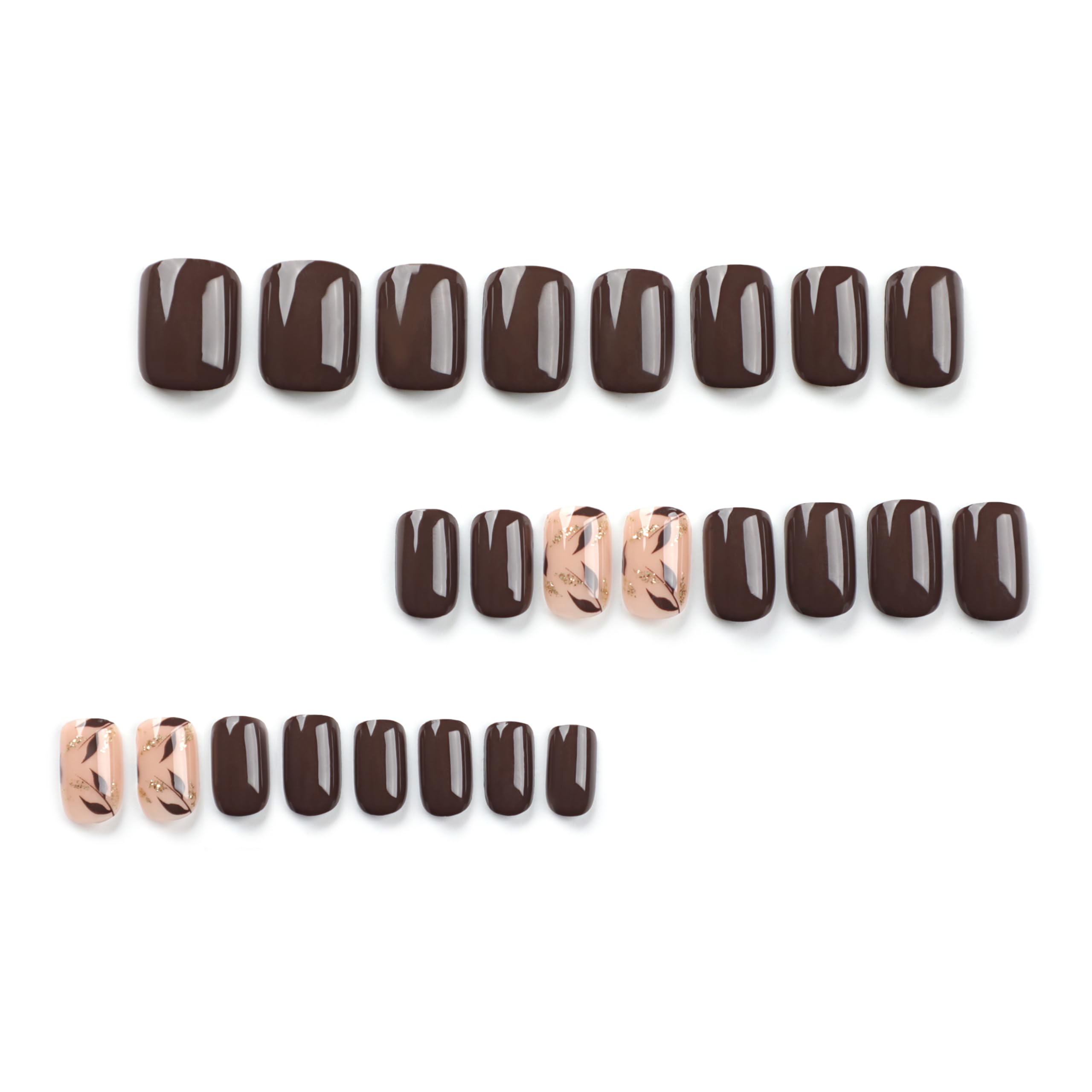 Dark Brown Press on Nails Short Square Fake Nails with Golden Leaf Accents & Glitter Designs - Glossy Gel Finish Acrylic Short Fake Nails Kit for Women (24Pcs) - Perfect for Parties, Weddings, Date Nights & Everyday Wear