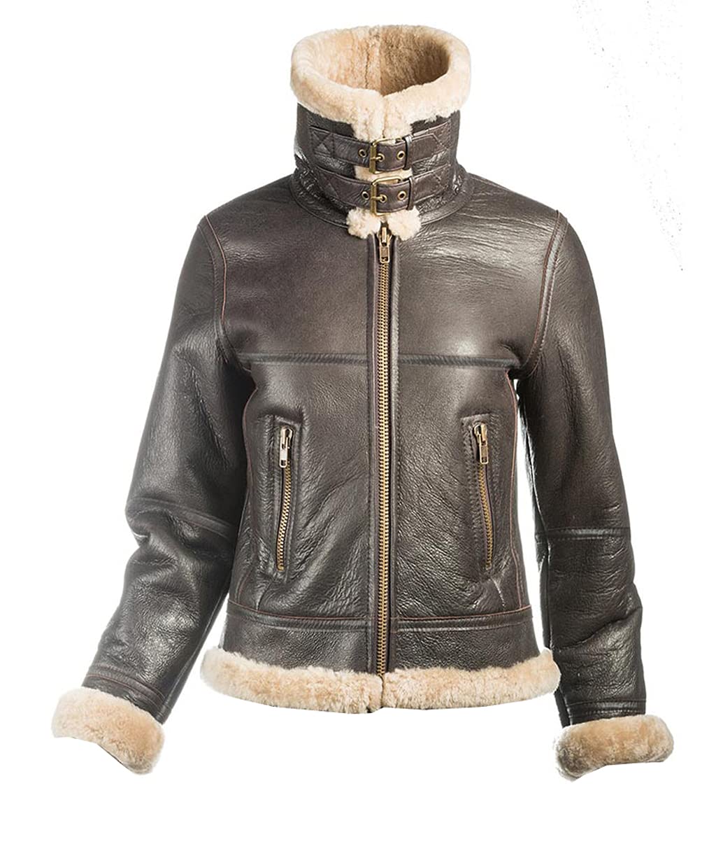 TIPTOP Women's Real B3 Aviator Sheepskin Faux Shearling Flying Jacket - Winter Bomber Jacket in Brown | Warm & Stylish Outerwear for Cold Weather, Flying, and Casual Wear