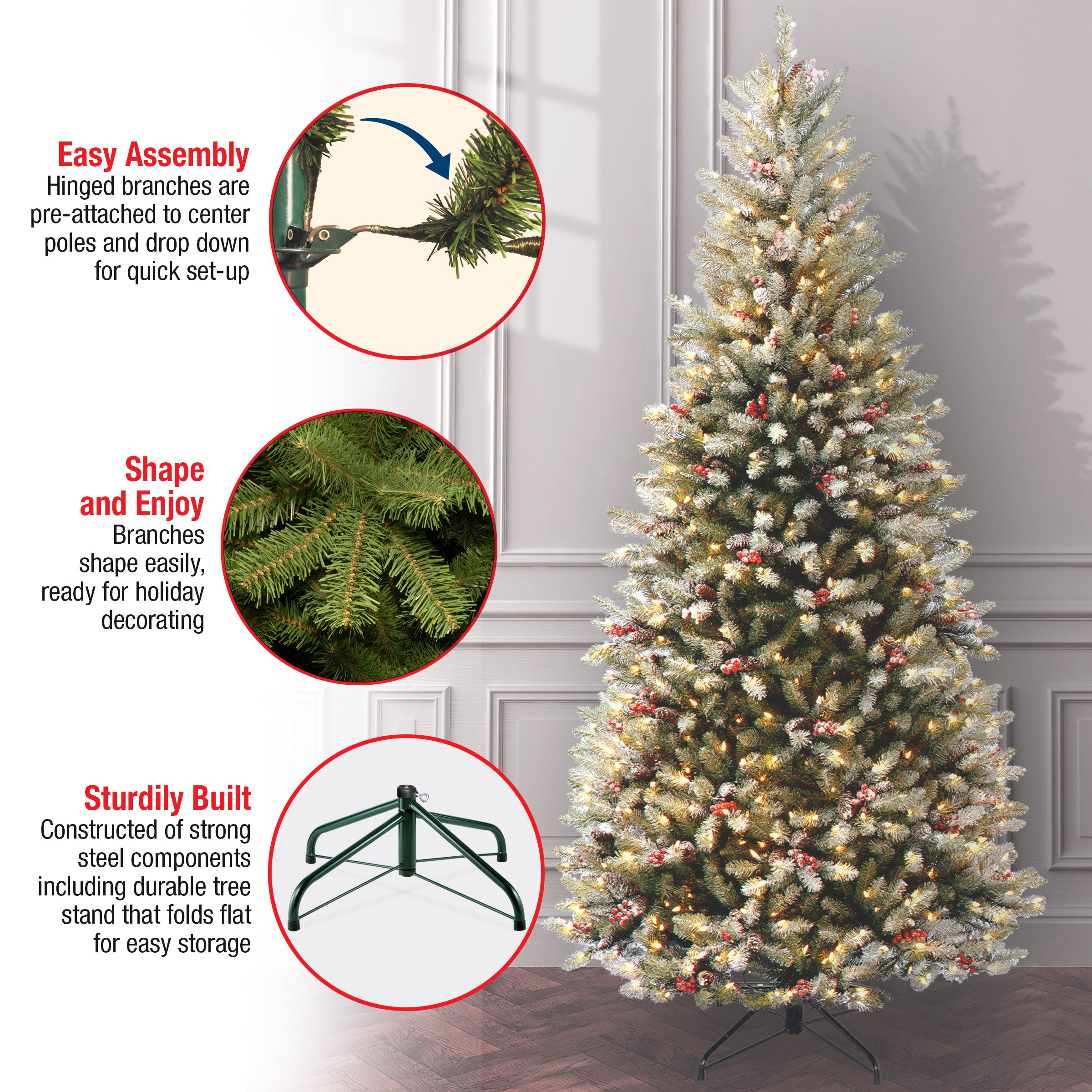 7.5 ft Pre-Lit Dunhill Fir Slim Artificial Christmas Tree with 500 Clear LED Lights - Perfect for Small Spaces & Holiday Decor