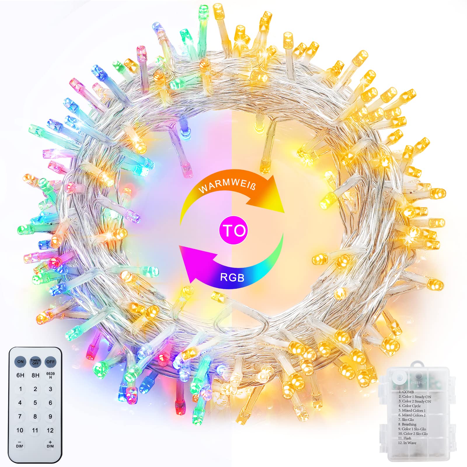 100 LED Battery Operated Christmas String Lights - 33Ft Warm White & Color Changing Fairy Lights with Remote Timer | Waterproof Outdoor & Indoor Holiday Decor for Xmas Tree, Party, Wedding, Garden, Patio