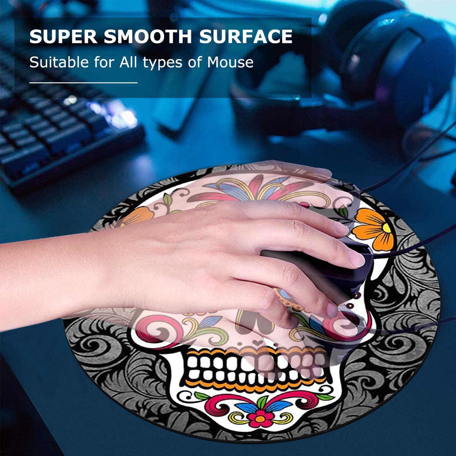 Round Mouse Pad and Coasters Set with Sugar Skull Design - Non-Slip Rubber Base for Office & Gaming - Ergonomic Computer Accessories for Workstations and Home Desks
