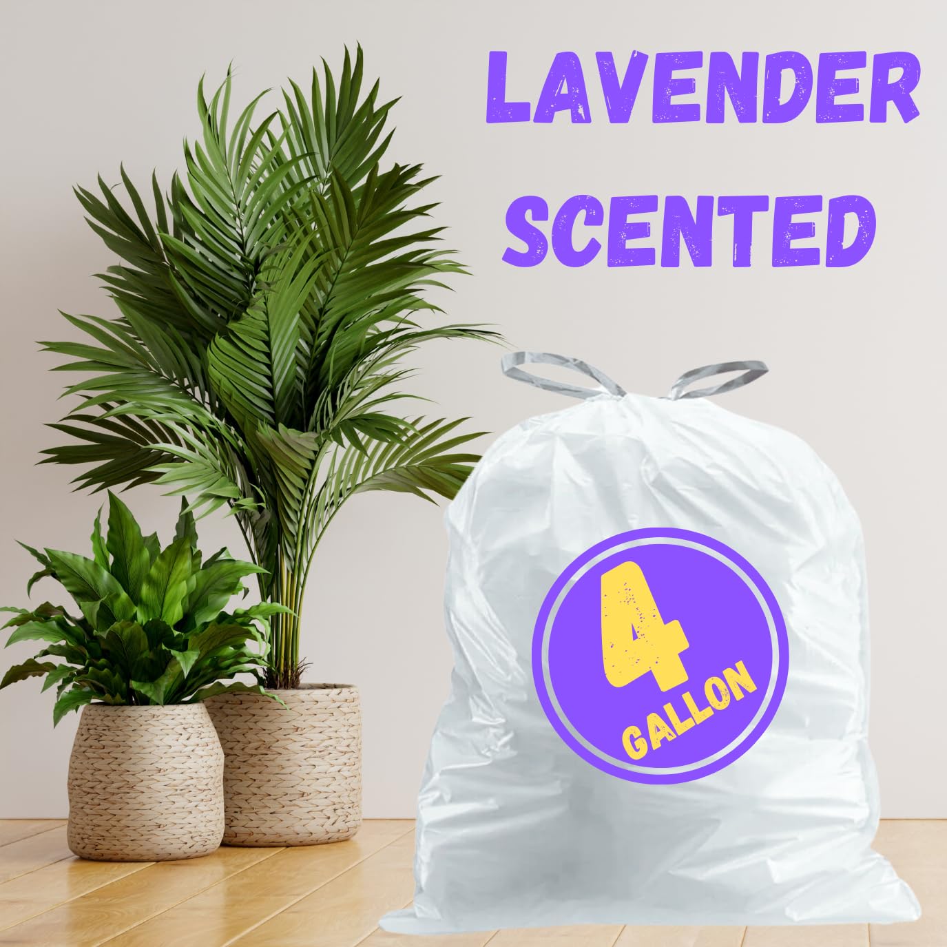 4 Gallon Lavender Scented Drawstring Trash Bags - 120 Count Small Bathroom Garbage Can Liners for Home, Office, Kitchen & Bedroom Waste Bins - Fresh Scented Odor Control for Daily Use
