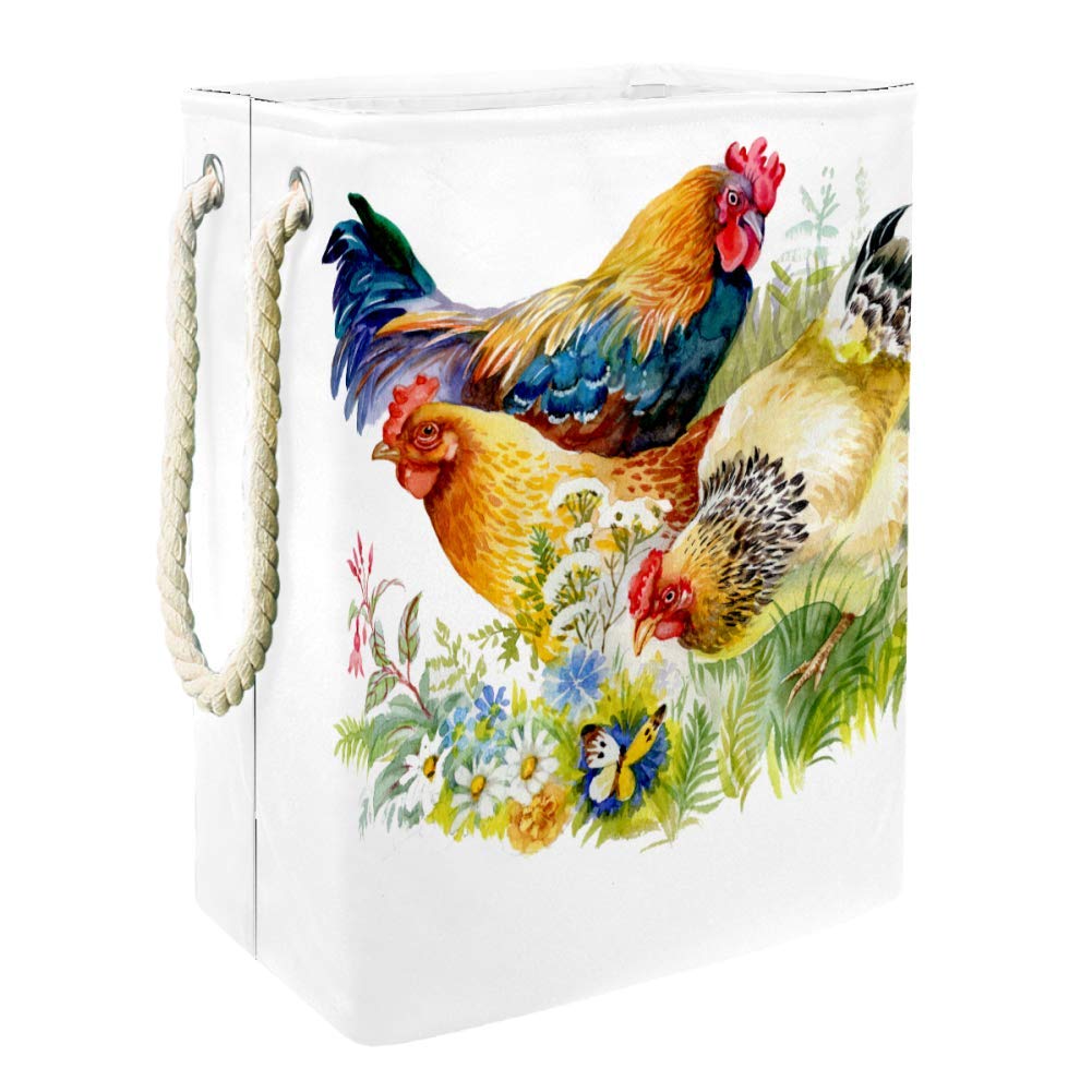 DJROW Chicken & Rooster Laundry Basket with Detachable Brackets - Farmhouse Decor