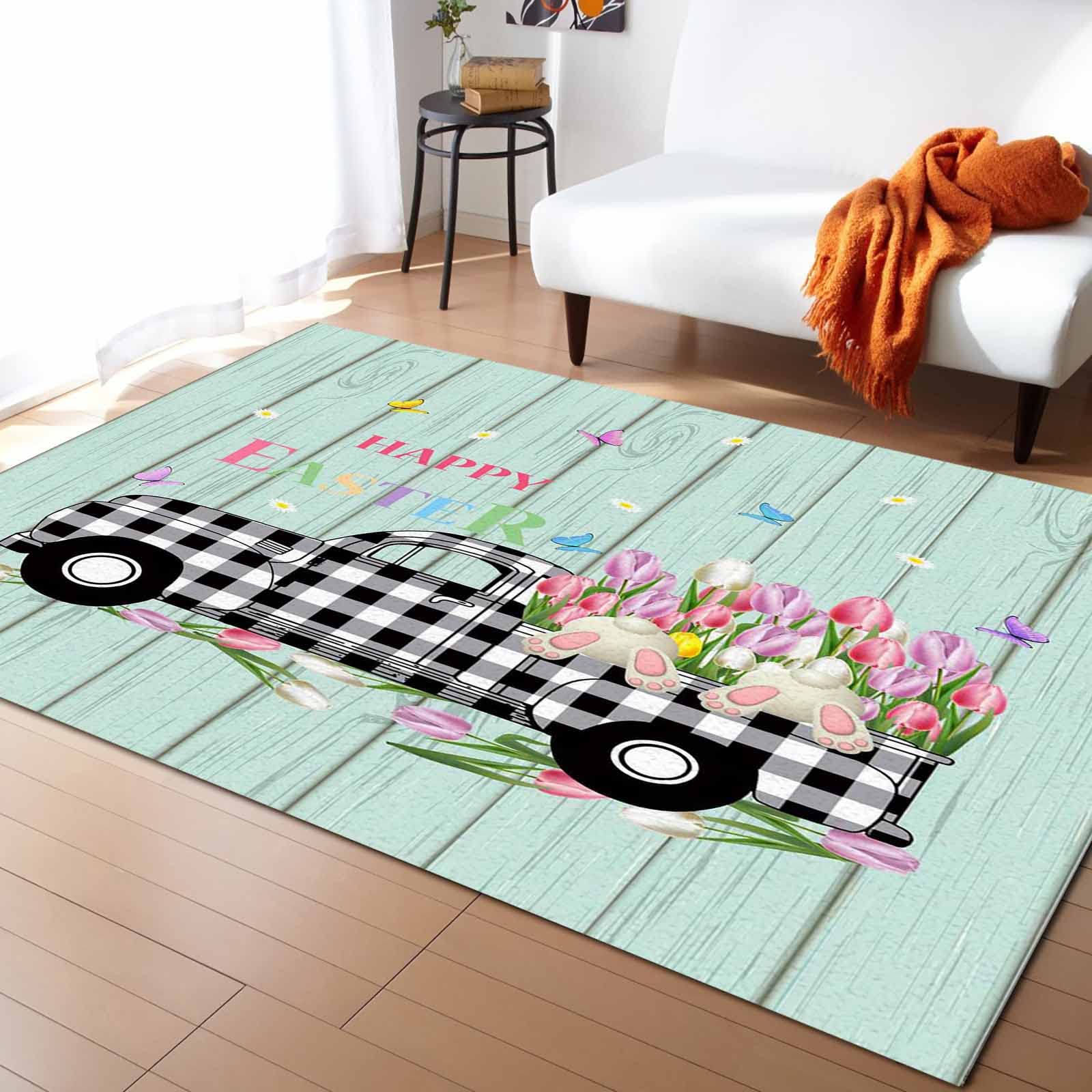 5' x 7' Modern Floral Area Rug - Non-Slip Indoor Outdoor Rug for Living Room, Bedroom, Kitchen, Porch | Spring Tulip Design with Bunny Motif - Perfect for Easter Decor, Front Door Mat, Bath Mat & Carpet Runner in Rustic Blue Plaid Pattern