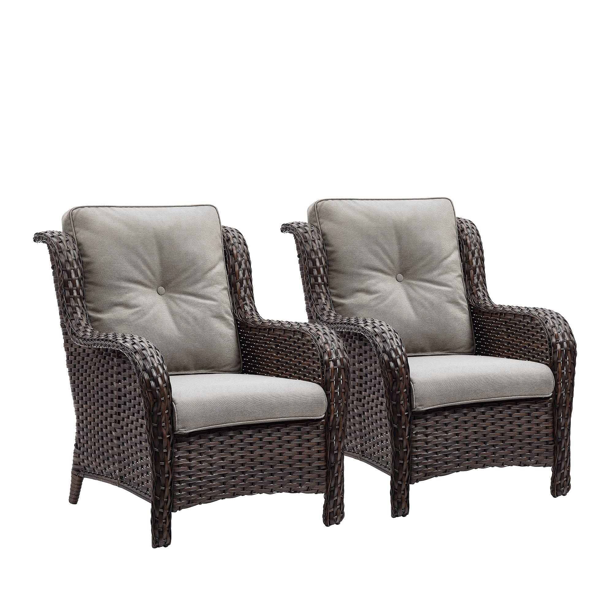 Outdoor Wicker Patio Chairs Set of 2 - Rattan Dining & Porch Chairs with High Back & Deep Seat, Brown/Grey - Perfect for Backyard, Garden & Poolside Relaxation