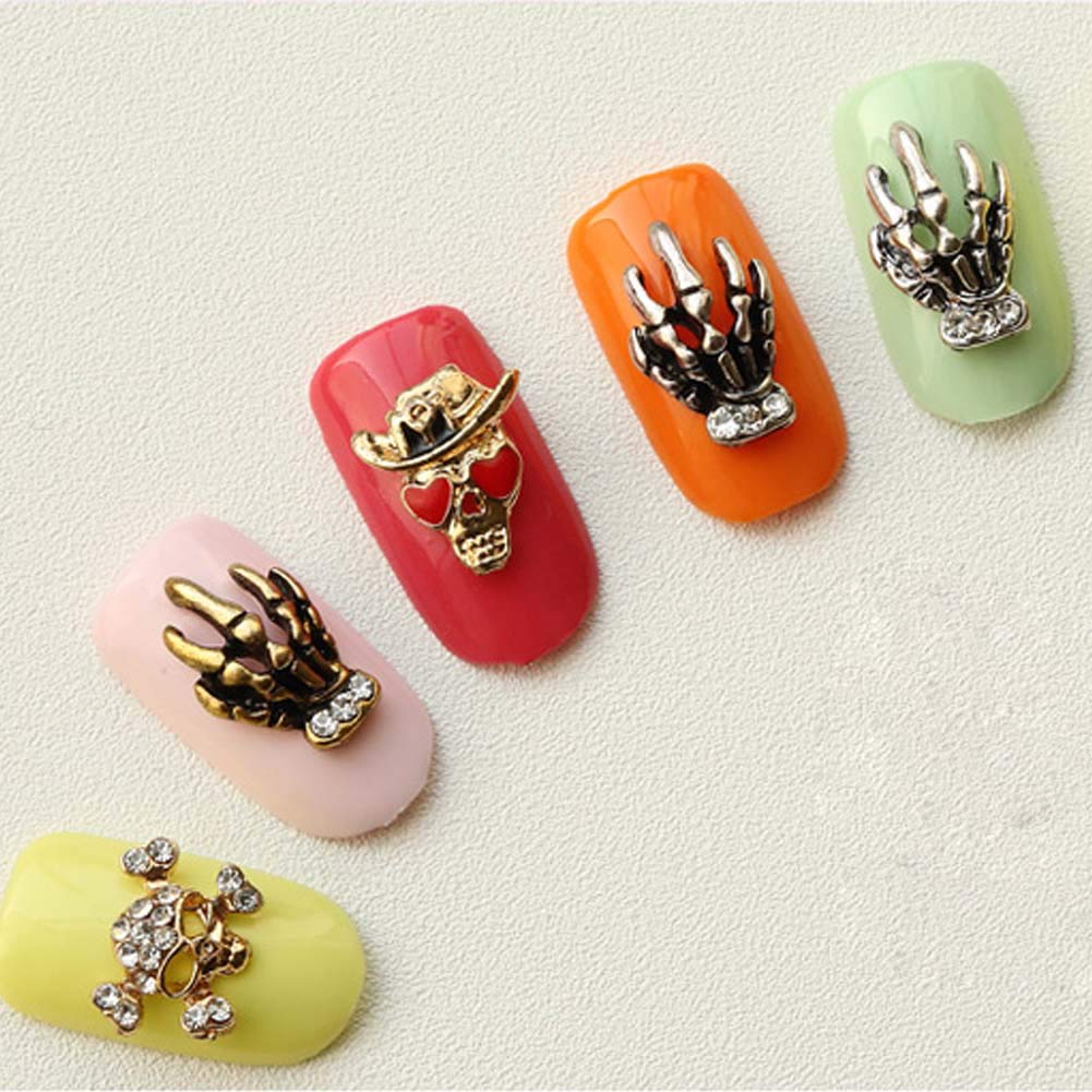 Lookathot 10PCS 3D Skull Hand Diamond Drill Pearls Nail Art Decals - Metallic Stud Rhinestones Alloy Manicure DIY Decoration Tools for Halloween, Parties & Gothic Nail Designs (Gold, 10pcs/Set)