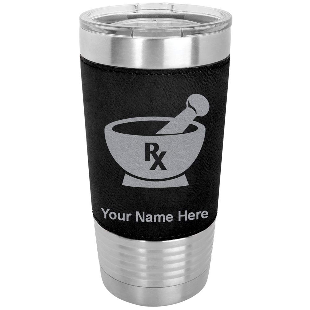 LaserGram 20oz Vacuum Insulated Stainless Steel Tumbler with Rx Pharmacy Symbol - Personalized Engraved Travel Mug with Faux Leather Wrap (Black) - Perfect for Coffee, Tea & Cold Drinks at Work, Gym or Outdoor Adventures