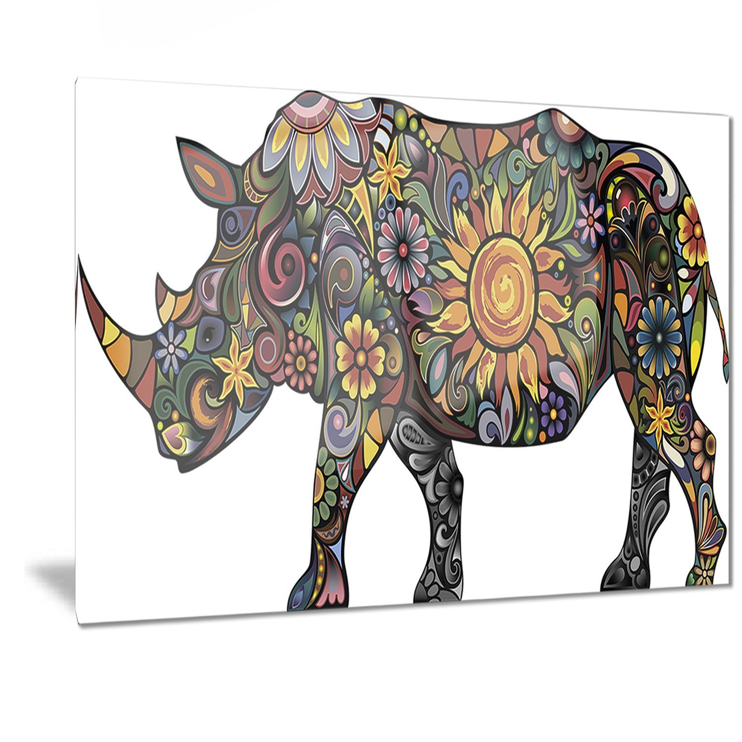 Designart Cheerful Rhinoceros on White - Animal Digital Metal Wall Art - 28x12 Inches, Modern Home Decor for Living Room, Bedroom & Office - MT7406